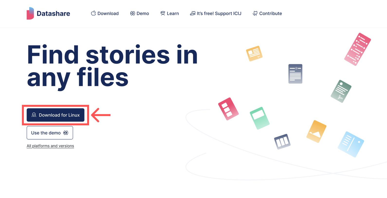 Screenshot of the homepage of datashare.icij.org highlighting the 'Download for Linux' button