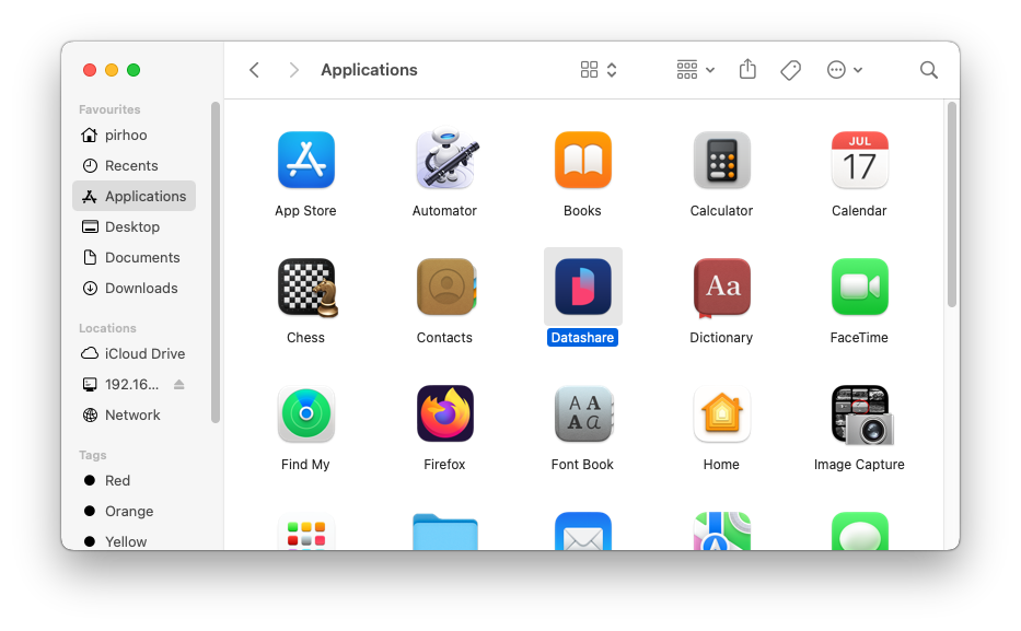 Screenshot of Mac's Applications window where Datashare's logo is highlighted