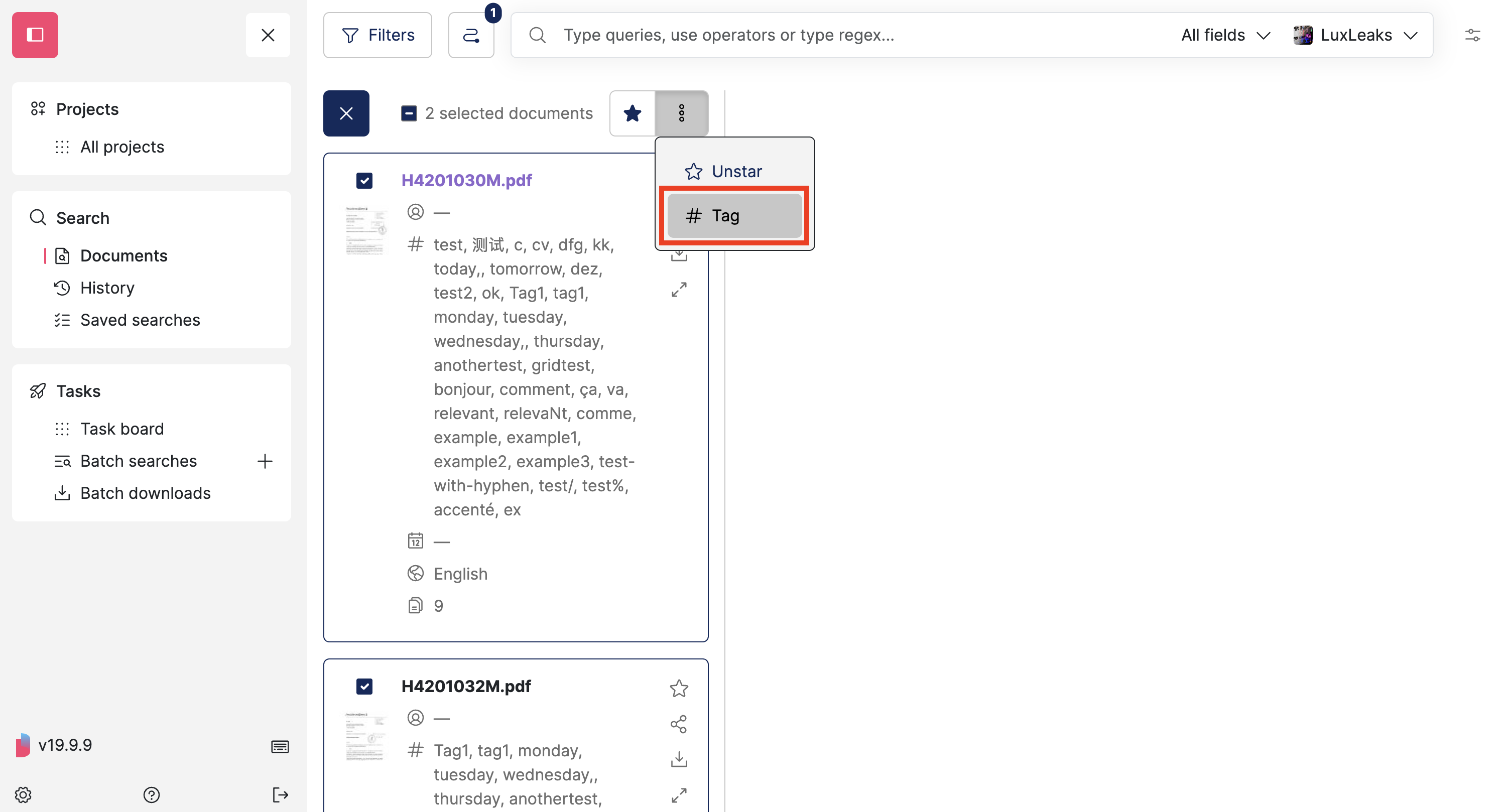 Screenshot of Datashare's search documents page in List layout where the selection mode is open and 2 documents are ticked, the 'Tag' entry in the three-dot dropdown is highlighted