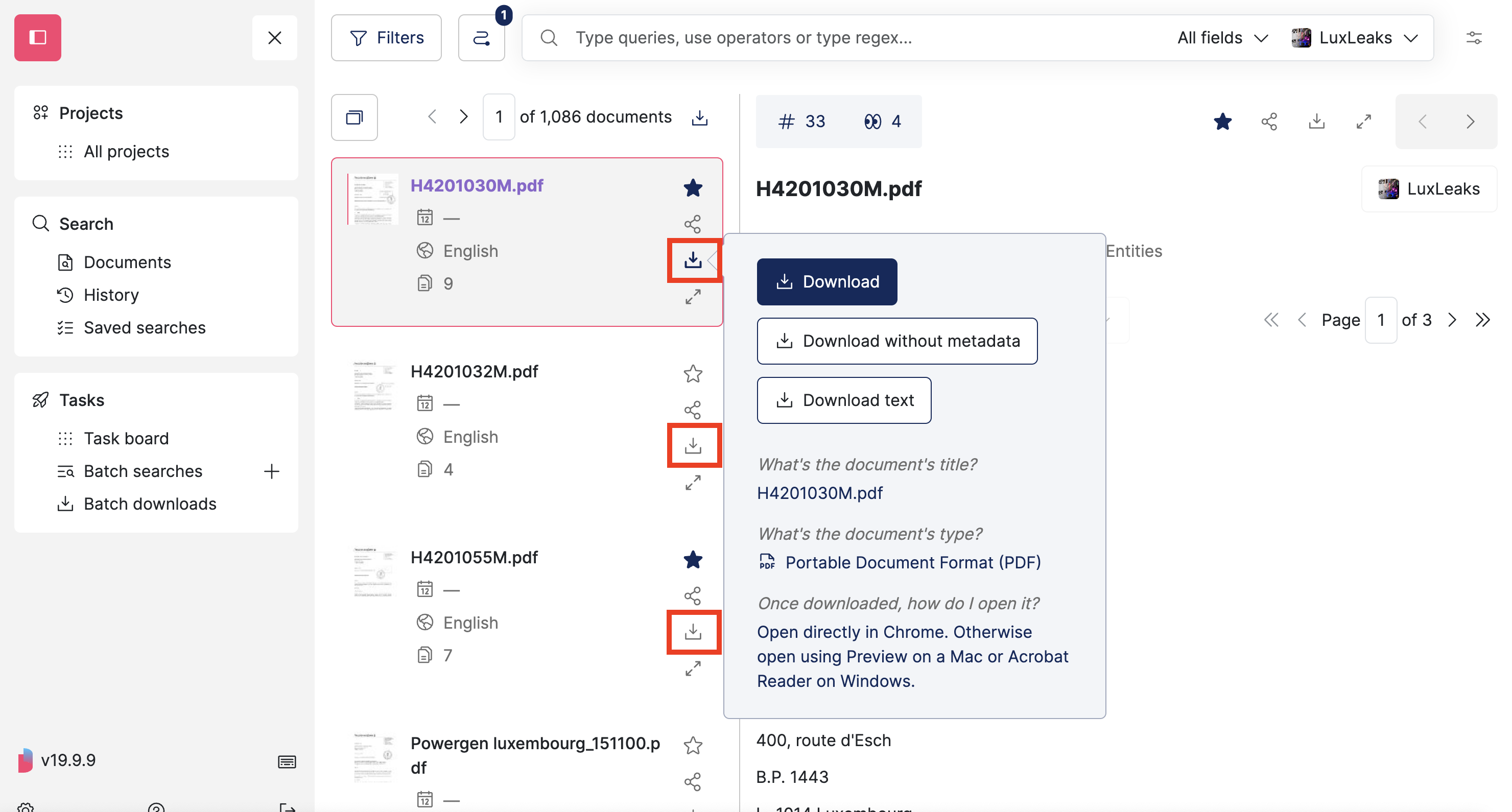 Screenshot of Datashare's search page in List view with the download icons in 3 document cards highlighted