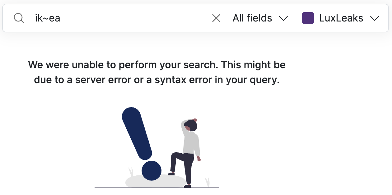 Screenshot of Datashare's search page with 'ik~ea' in the search bar and the message 'We were unable to perform your search. This might be due to a server error or a syntax error in your query'