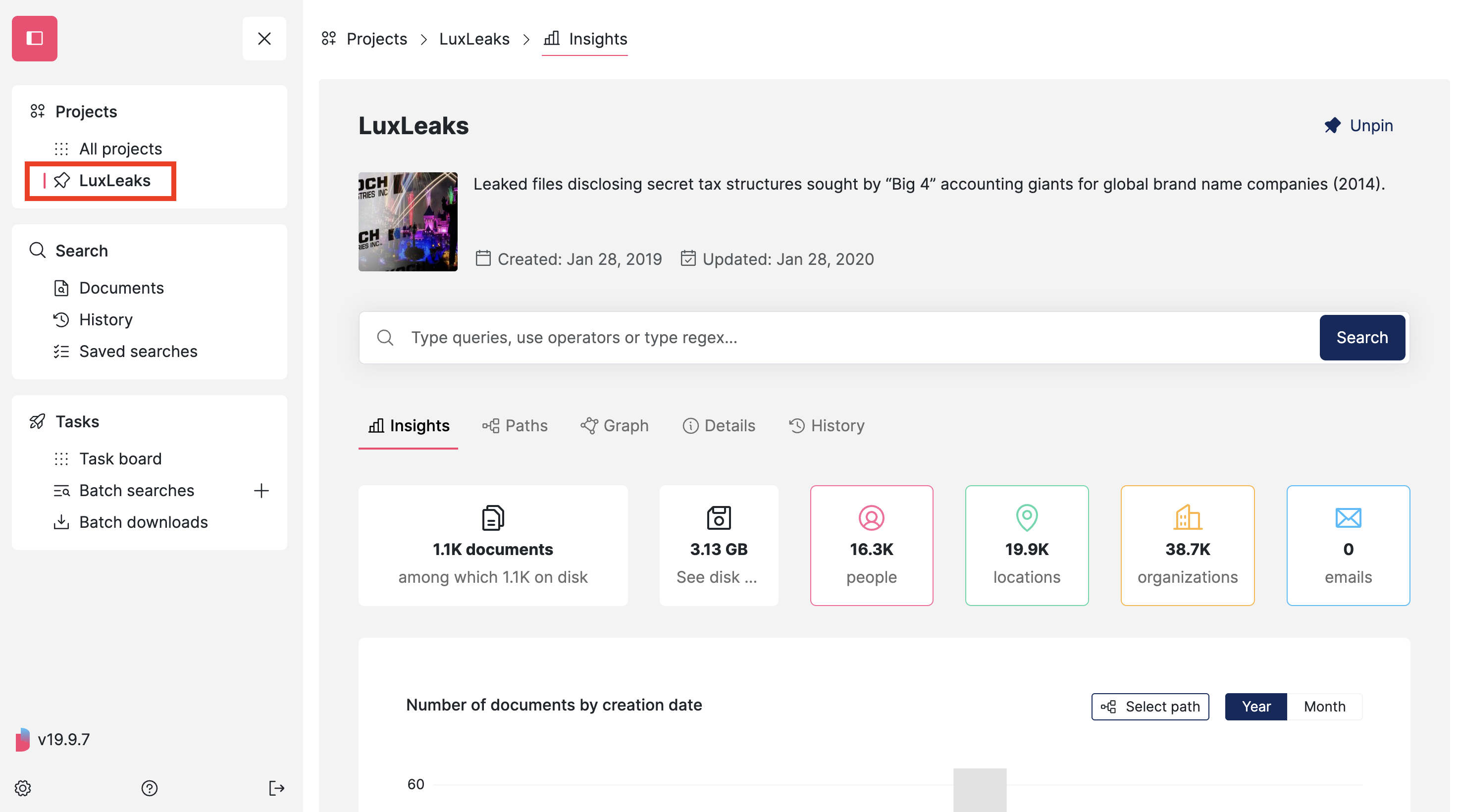 Screenshot of Datashare's 'All projects' page with LuxLeaks' project's name pinned in the left menu and highlighted