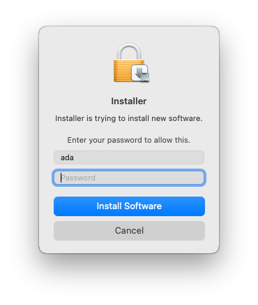 Screenshot of the Mac installer's step to install Datashare when username and password are asked