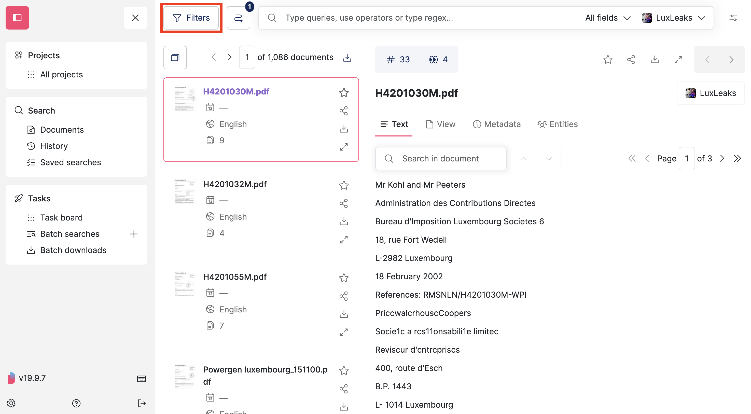 Screenshot of Datashare's search documents page in List layout where the 'Filter' button on the left of the search bar is highlighted