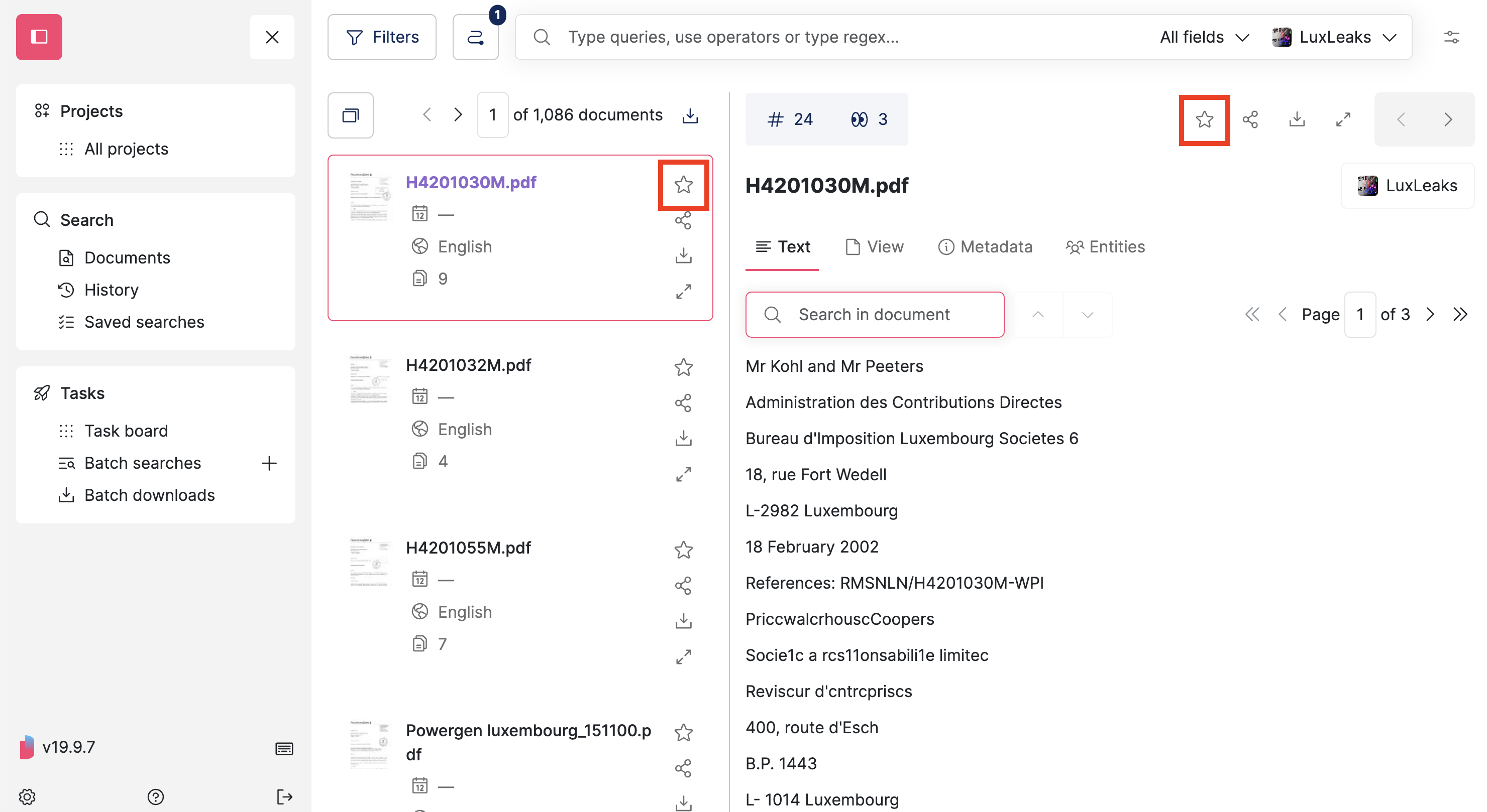 Screenshot of Datashare's search documents page in List layout with a document open and its star icon on the top right is highlighted