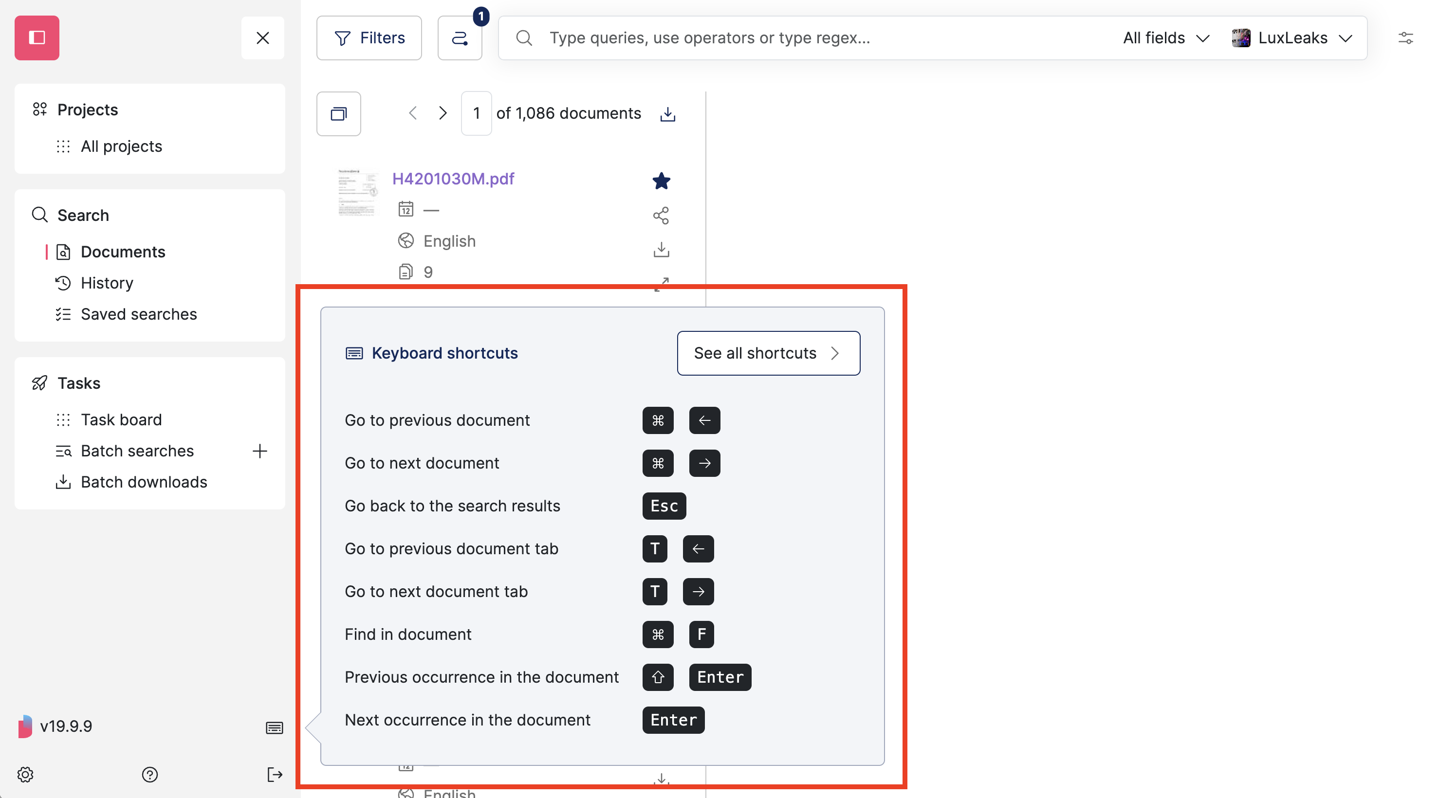 Screenshot of Datashare's search documents page in List layout where the 'Keyboard' icon at the bottom of the left menu is hovered and the 'Keyboard shortcuts' popover is highlighted