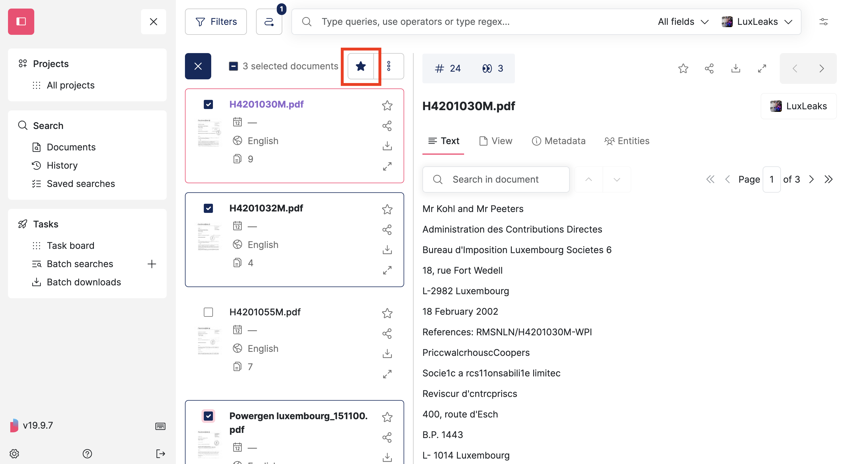 Screenshot of Datashare's search documents page in List layout where the selection mode is open and 3 documents are ticked the star filled icon is highlighted