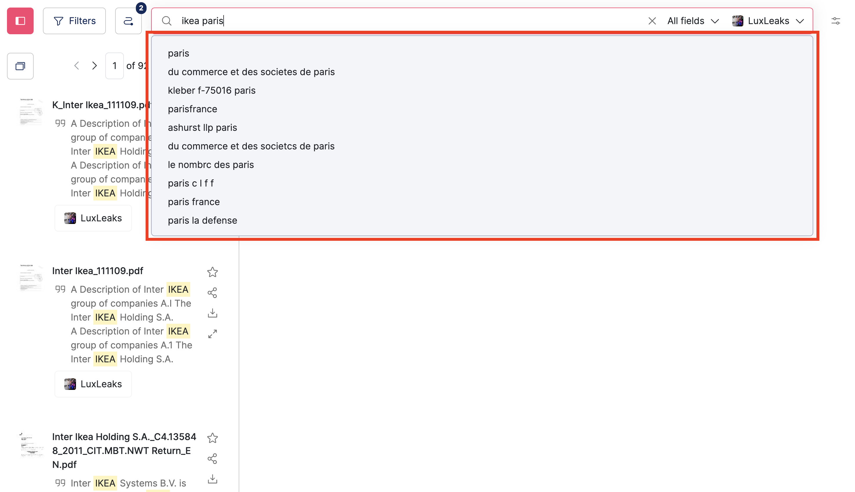 Screenshot of a Datashare's search documents page with 'Ikea paris' typed in the search bar and a dropdown with linked entities below highligted