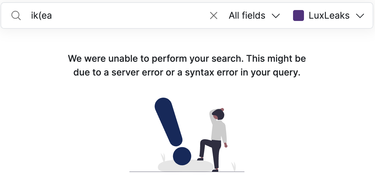 Screenshot of Datashare's search page with 'ik(ea' in the search bar and the message 'We were unable to perform your search. This might be due to a server error or a syntax error in your query'