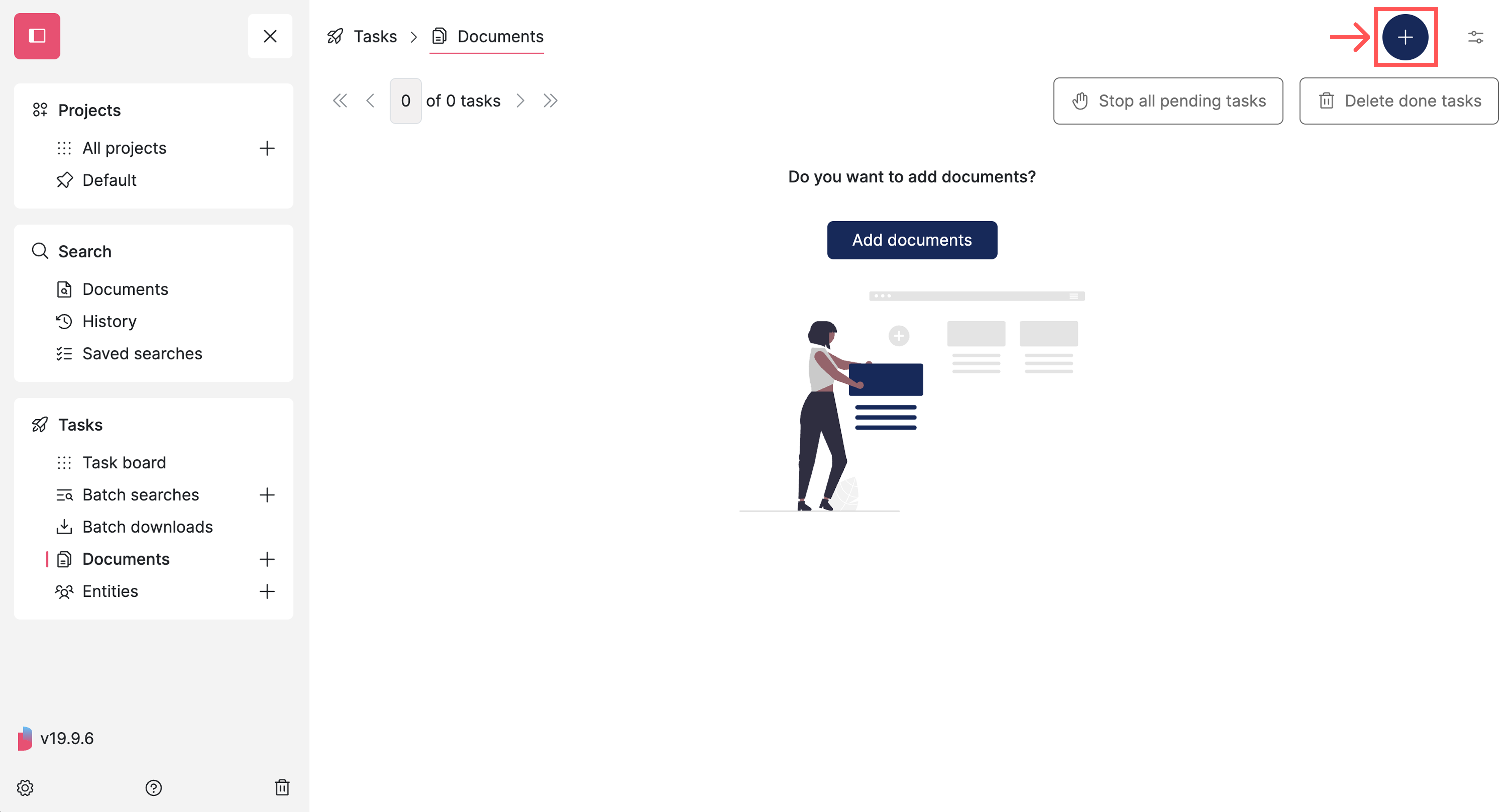 Screenshot of Datashare's Documents page highlighting the 'Plus' button at the top right corner
