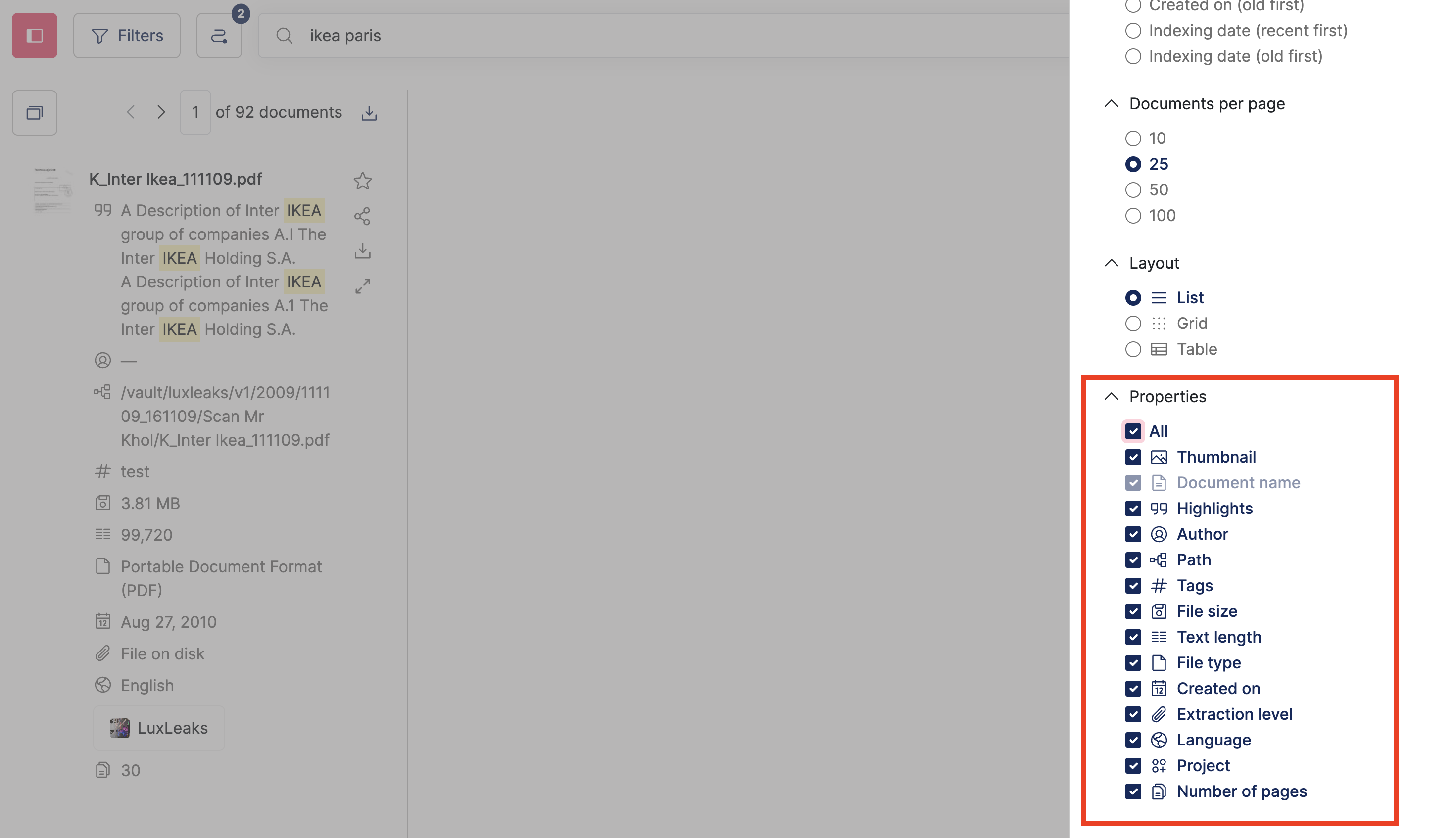 Screenshot of a Datashare's search documents page with 'Ikea' typed in the search bar and and the 'Results settings' panel open and its 'Properties' category highlighted at the right of the page