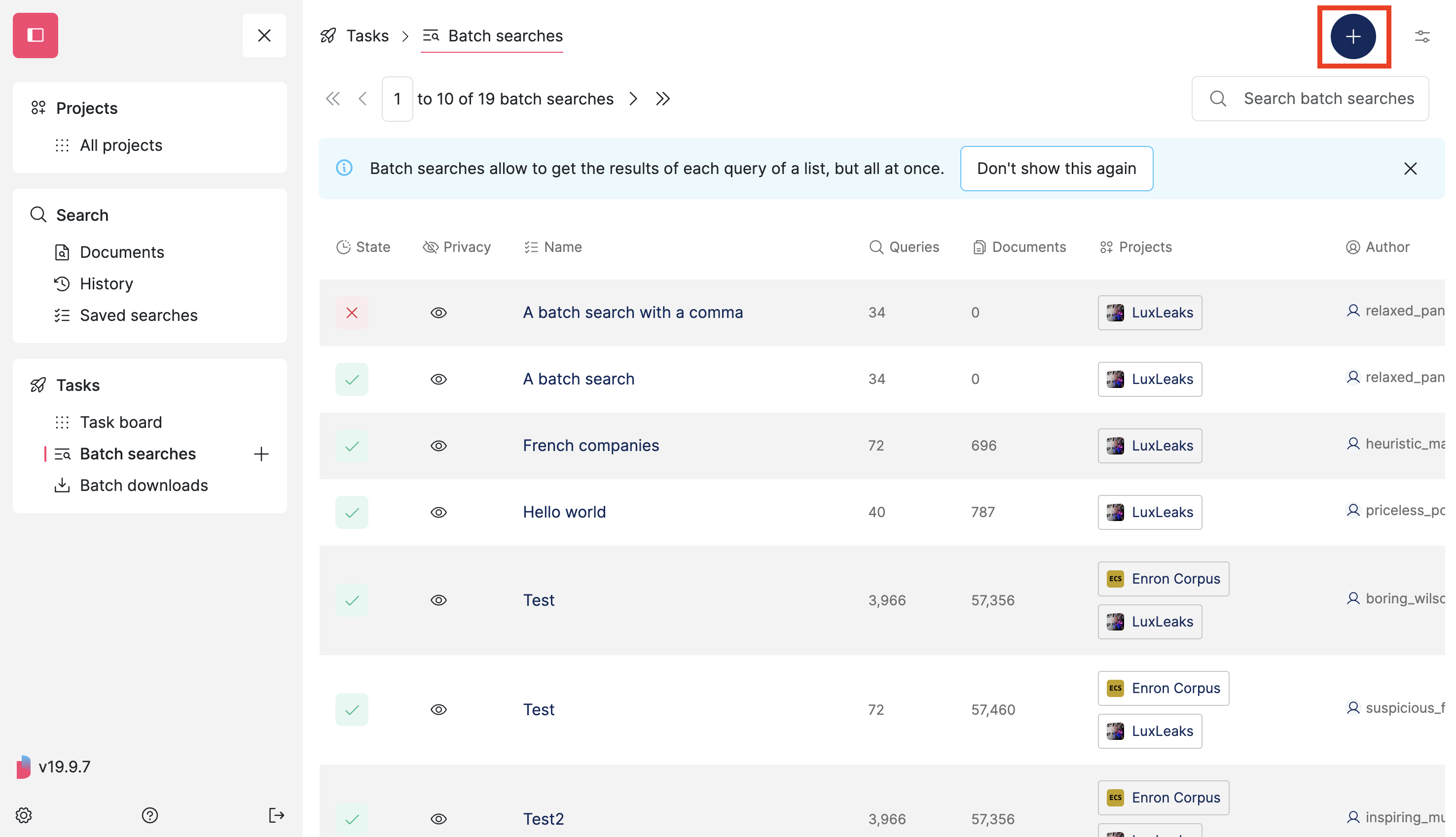 Screenshot of Datashare's batch searches page where the 'Plus' button on the top right is highlighted