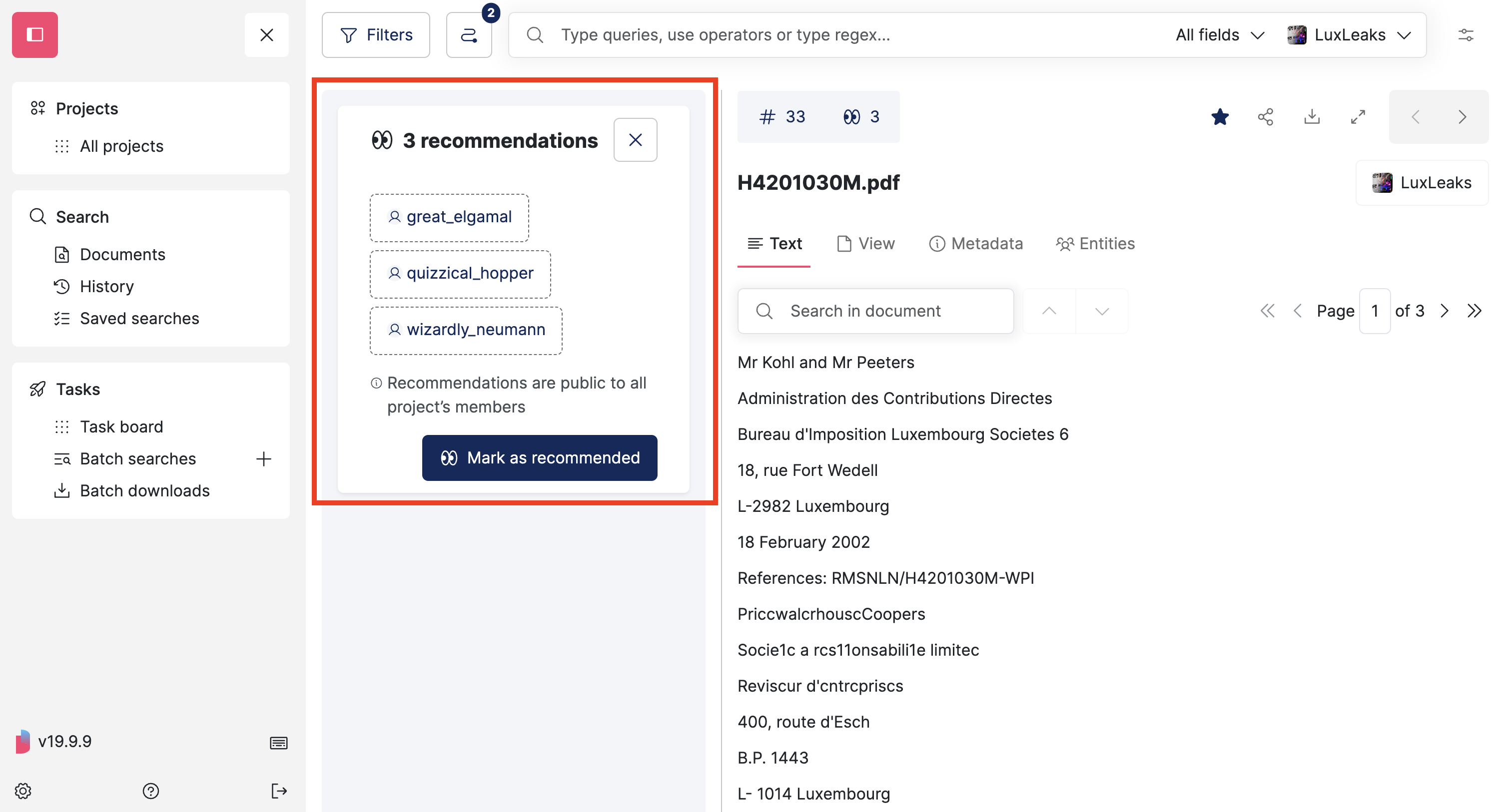 Screenshot of Datashare's search documents page in List layout where a document is open and the 'Recommendations' floating panel on the left of the document is highlighted
