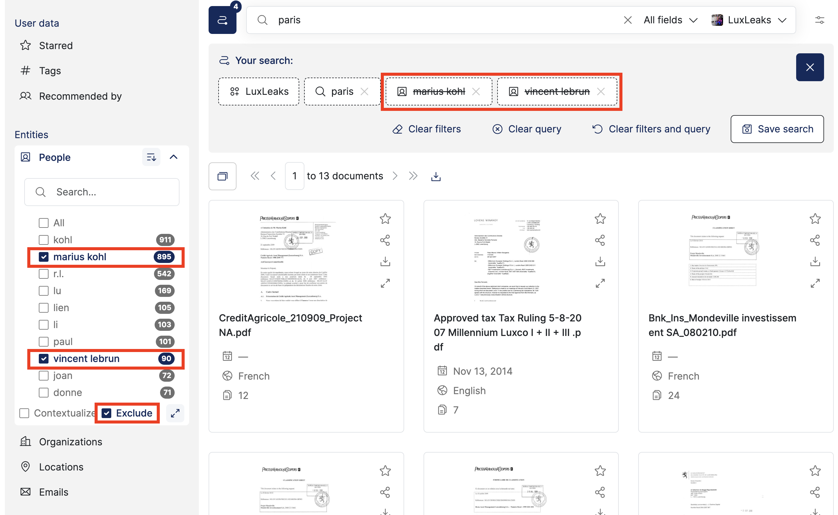 Screenshot of Datashare's page to search documents with the 'People' filter open with 2 names ticked and the Exclude button ticked and highlighted as well as the two names in the search breadcrumb that are also strikethrough