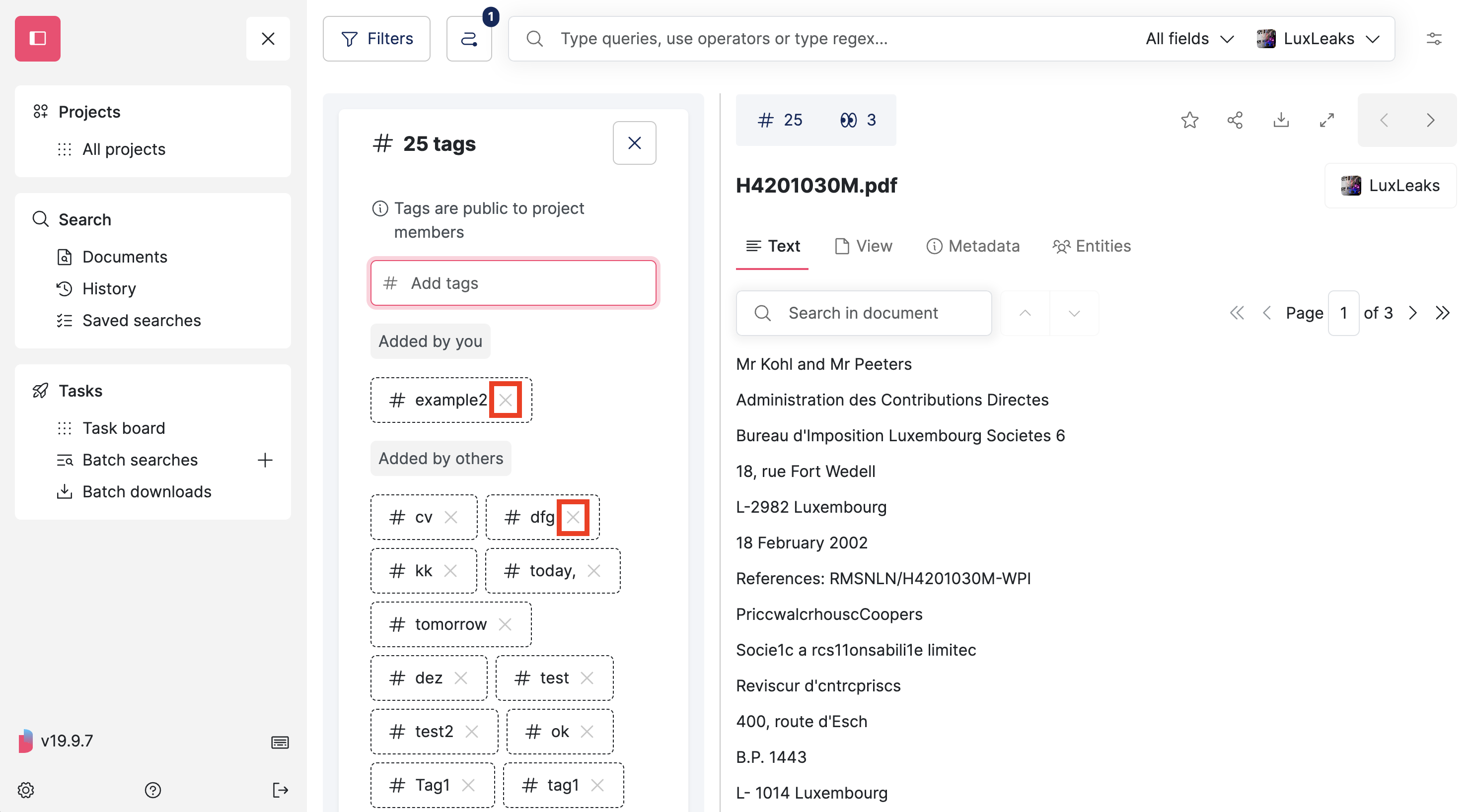 Screenshot of Datashare's search documents page in List layout where a document is open, the 'Tags' floating panel on the left of the document is open and the Cross icons in 2 tags label are highlighted