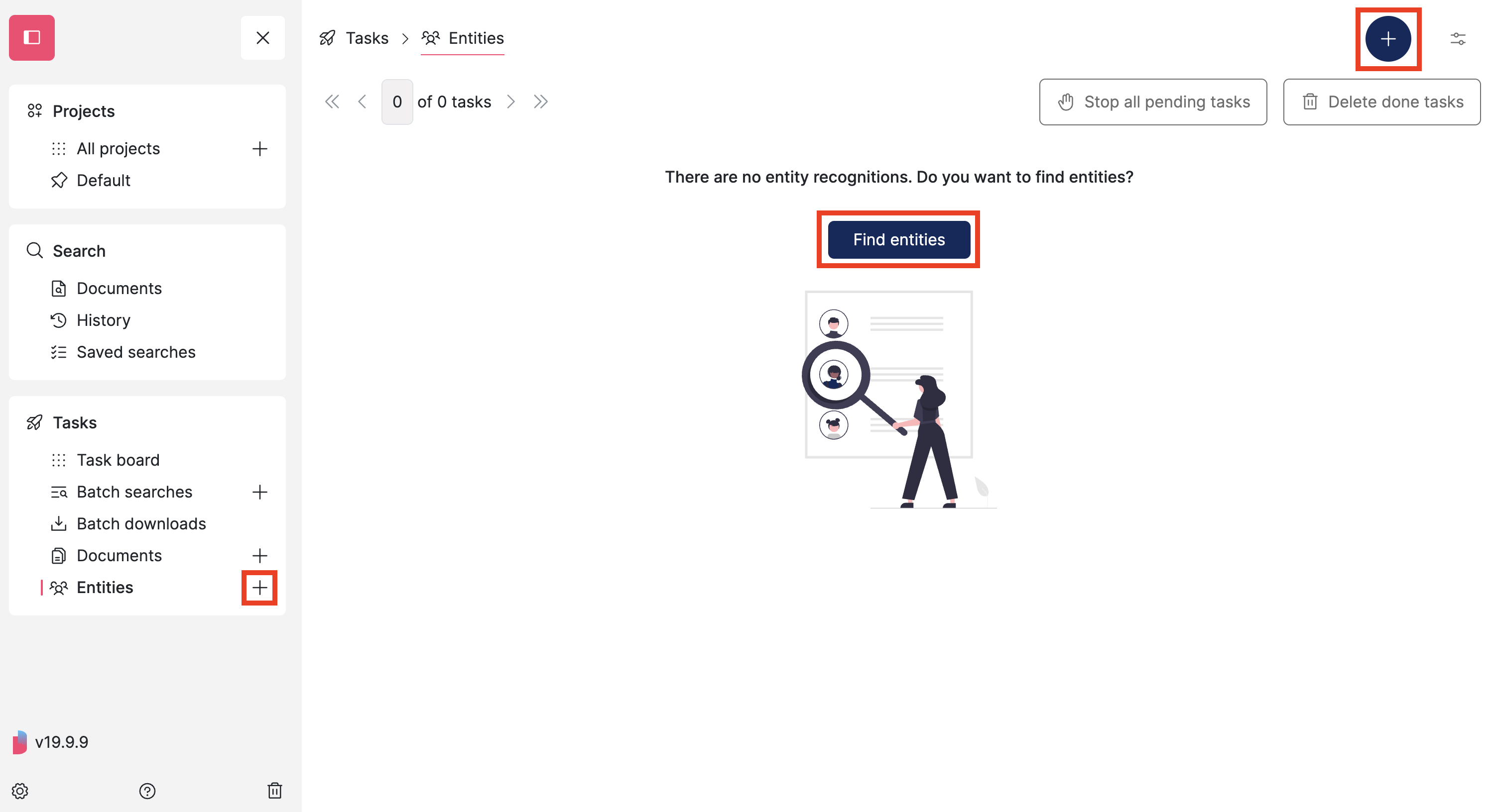 Screenshot of Datashare's Entities page with 3 highlights: the menu's 'Plus' button next to Entities entry, the central button 'Find entities' in the empty state and the top right 'Plus' button