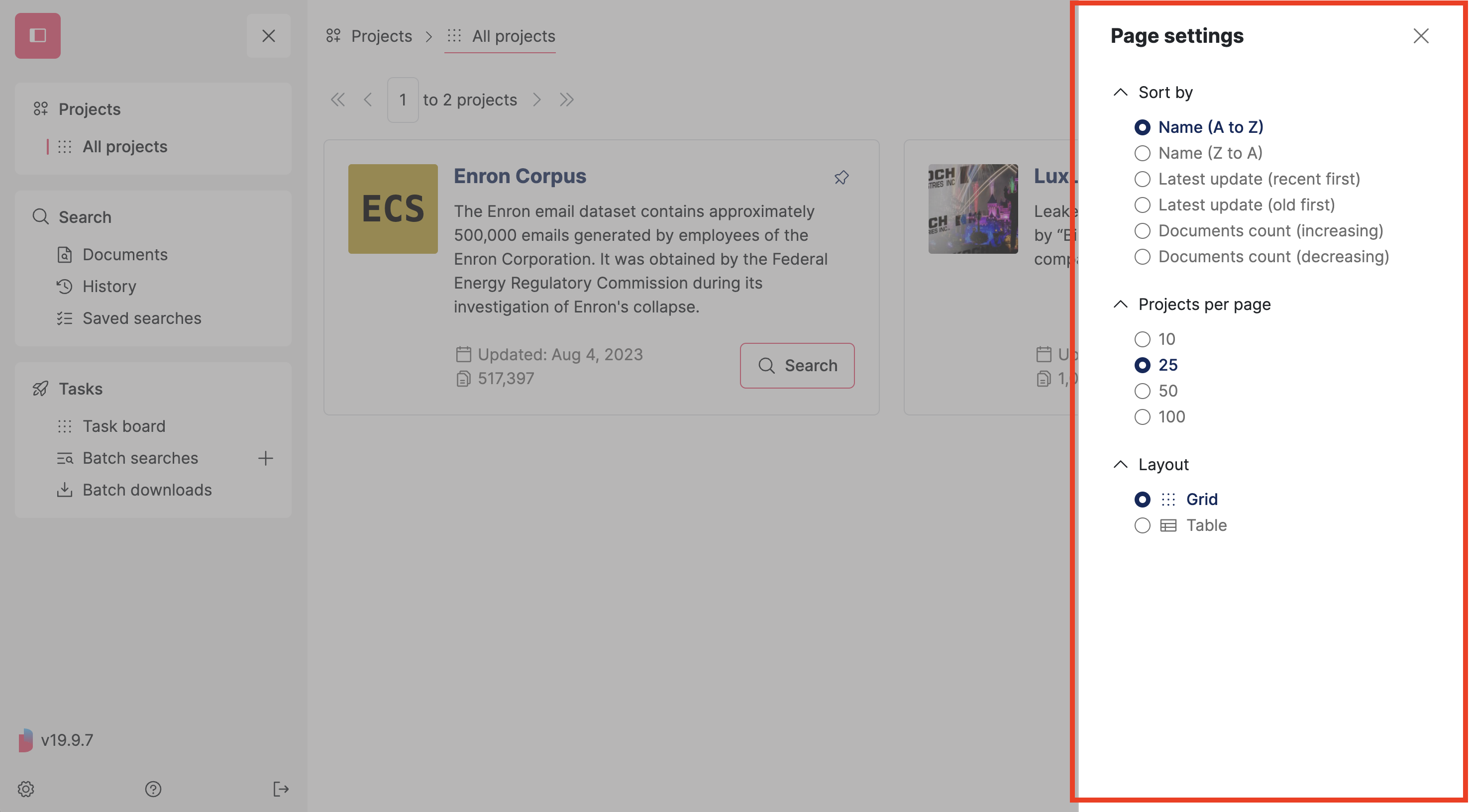 Screenshot of Datashare's 'All projects' page with the right panel 'Page settings' open and highlighted