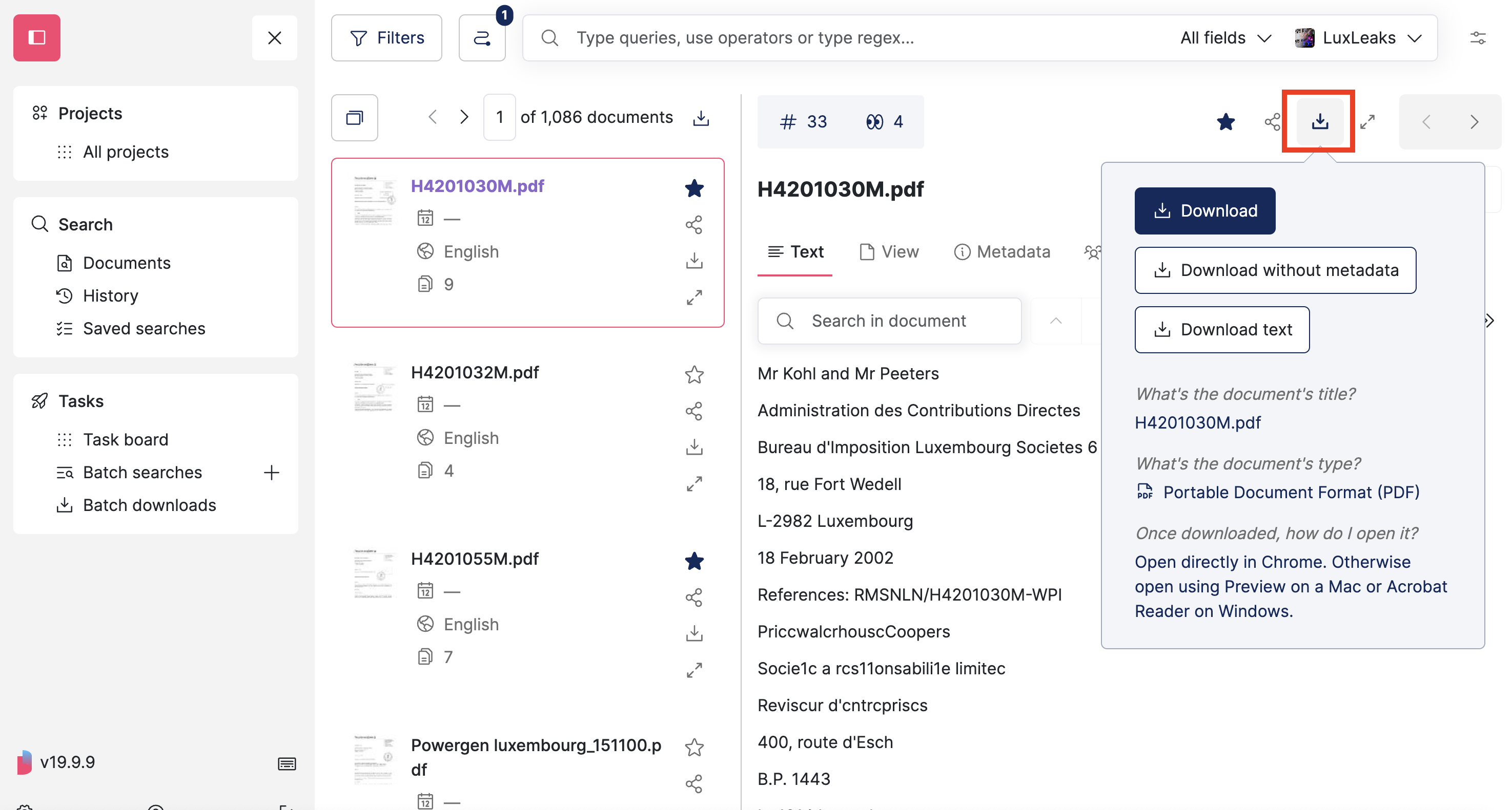 Screenshot of Datashare's search page in List view with a document open and the download icons on the top right of the document highlighted