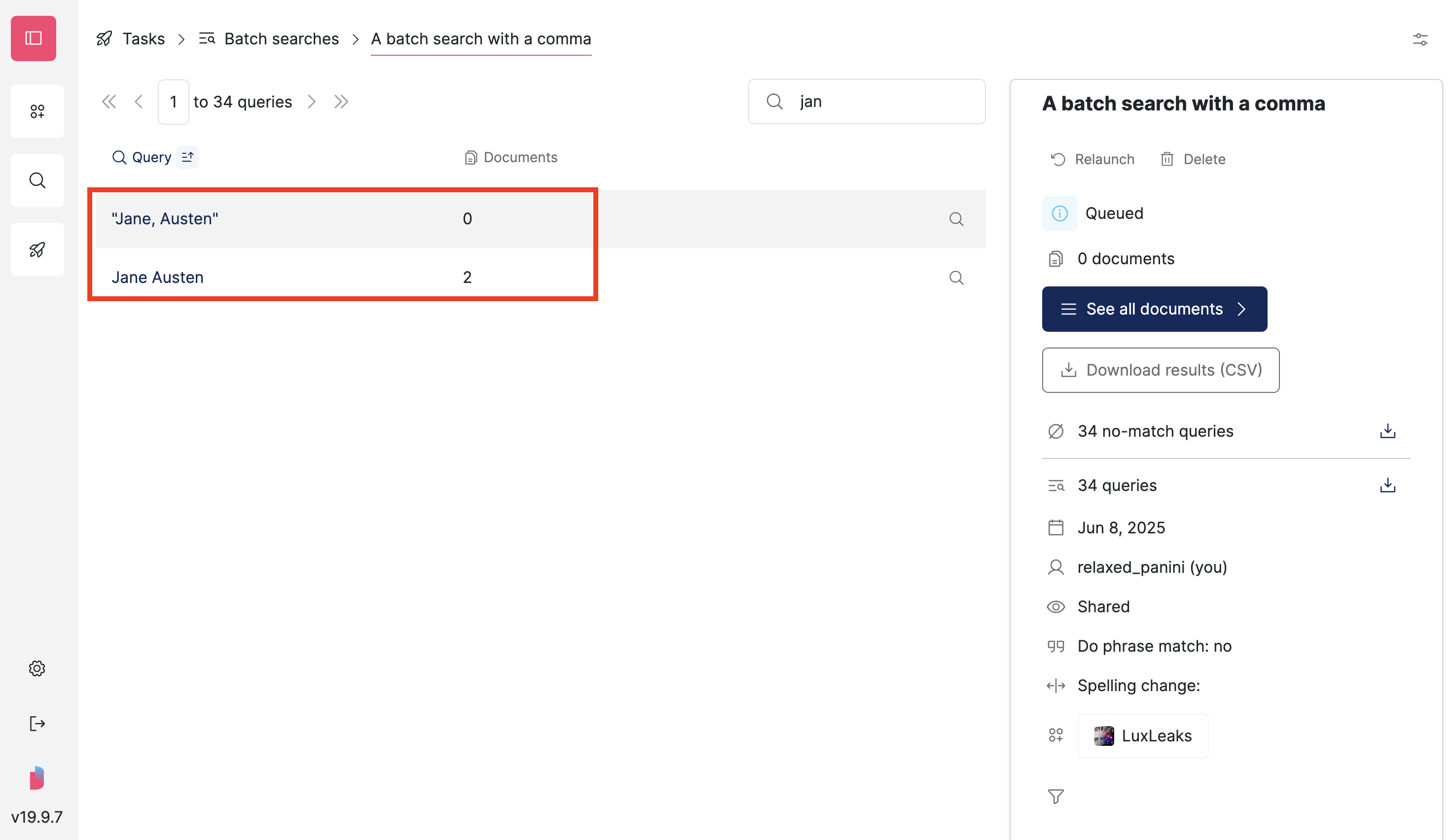 Screenshot of Datashare's batch search page where two queries are highlighted: one is 'Jane, Austen' and has 0 documents as results and the second one is 'Jane Austen' and has 2 documents as results is 'Jane Austen'