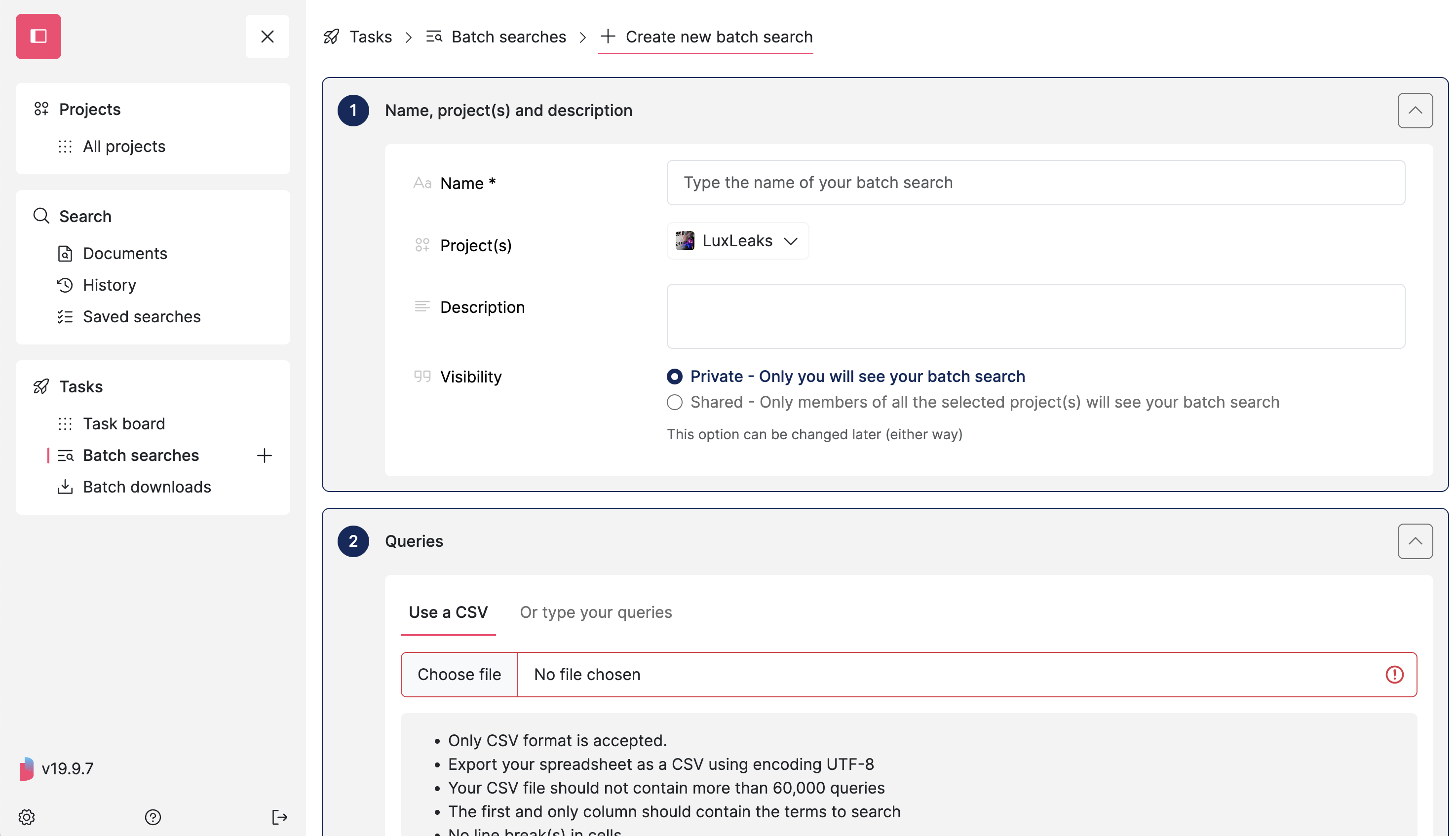 Screenshot of Datashare's page with a form to create a new batch search