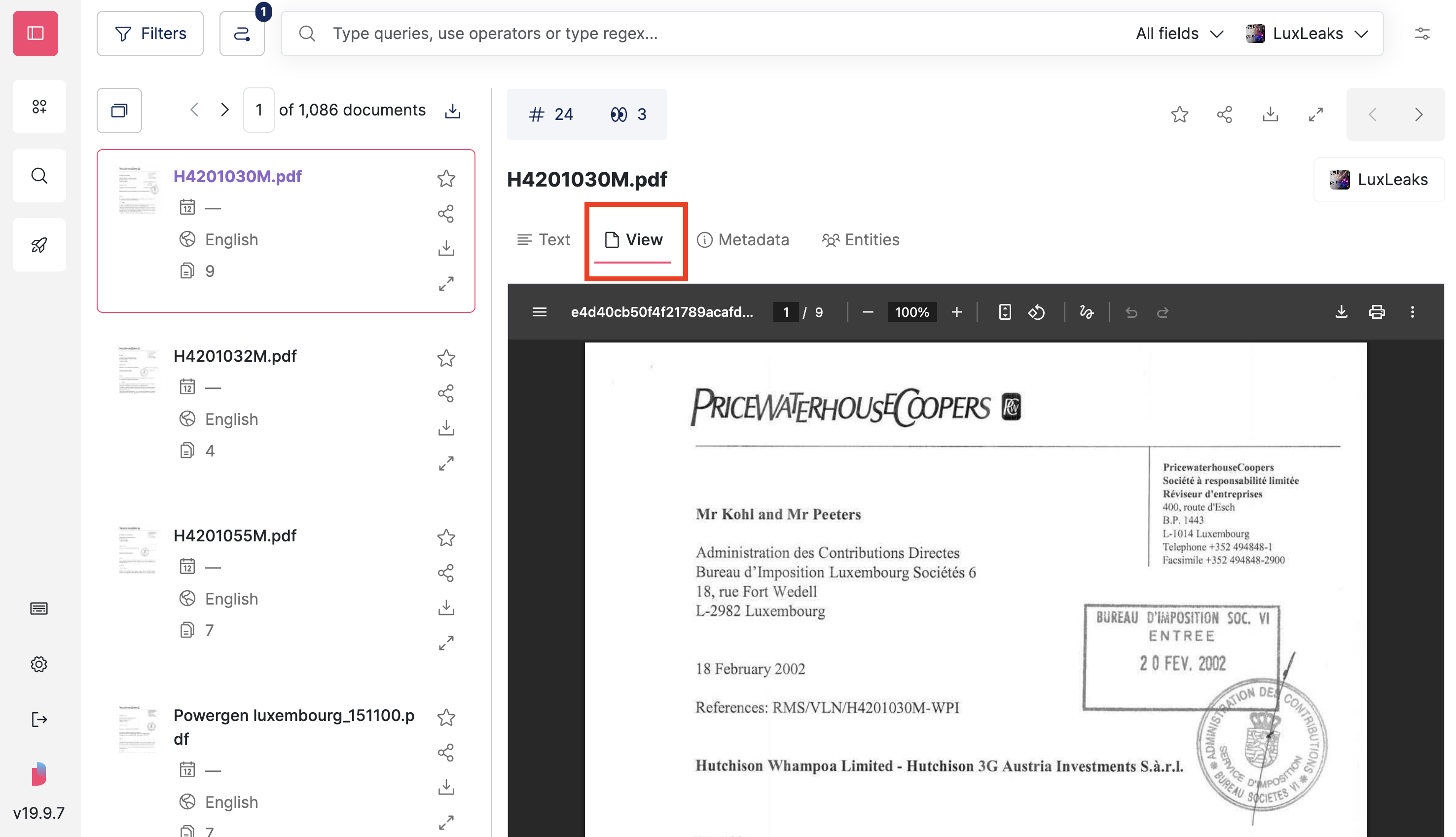 Screenshot of Datashare's page to search documents in List view with a document open on the 'View' tab which is highlighted