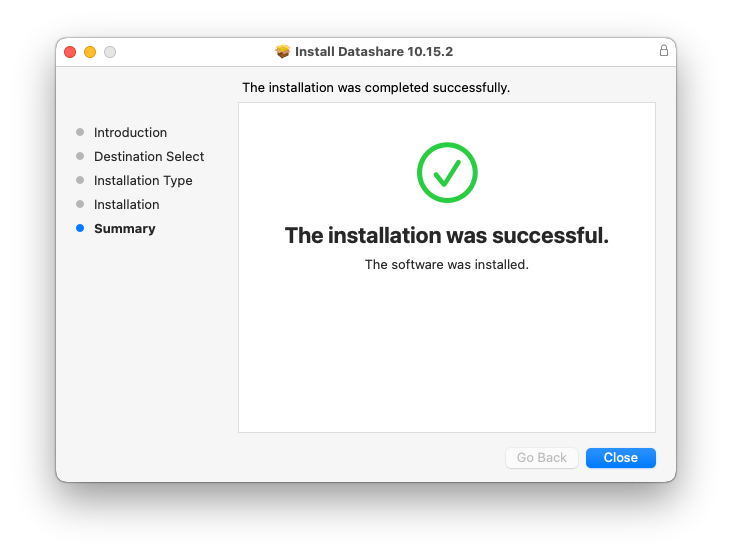 Screenshot of the Mac installer's last step to install Datashare: 'Summary' saying 'The installation was successful.'with a blue 'Close' button