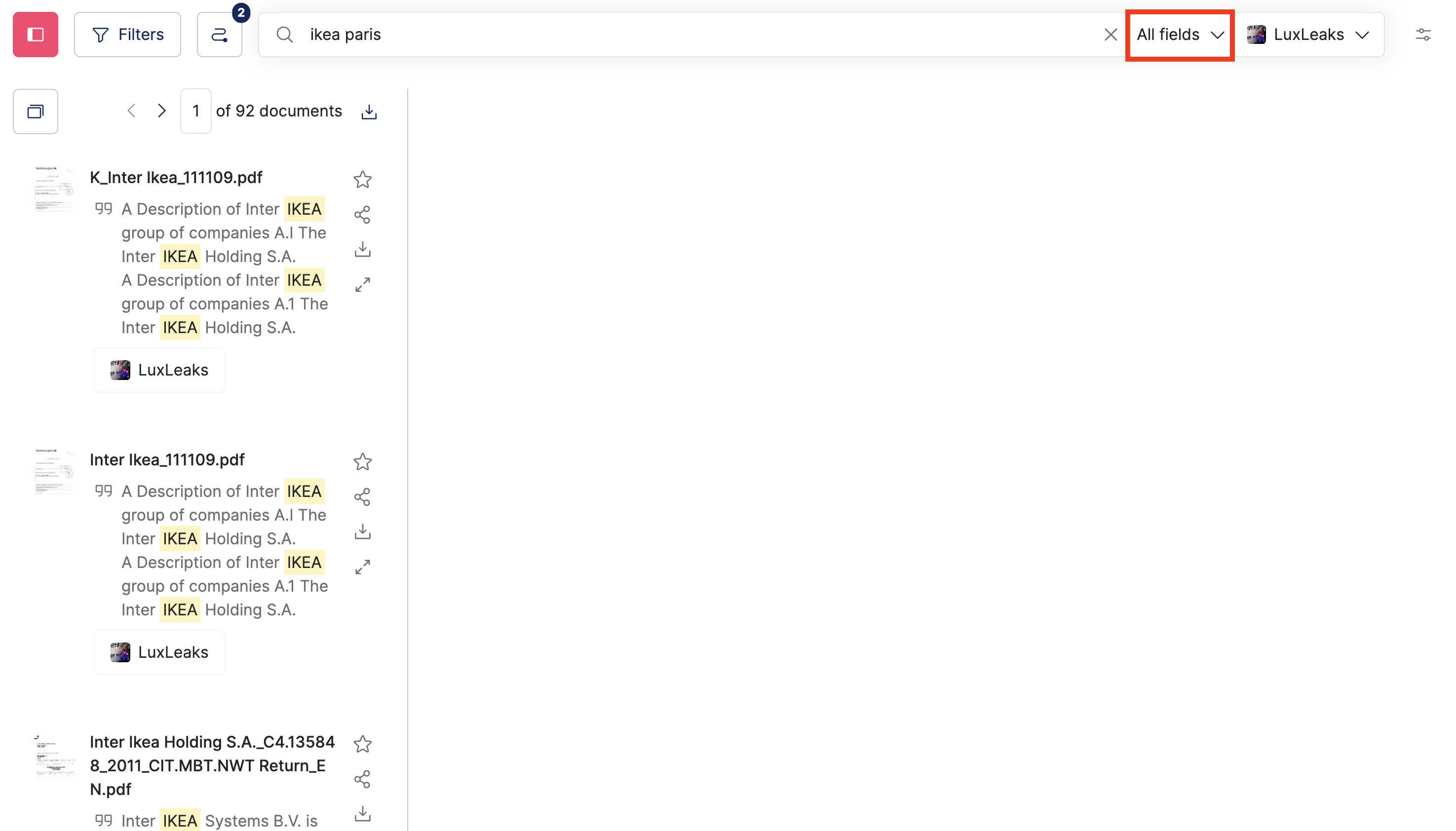 Screenshot of a Datashare's search documents page with 'Ikea' typed in the search bar and the 'All fields' dropdown button highlighted at the right of the search bar