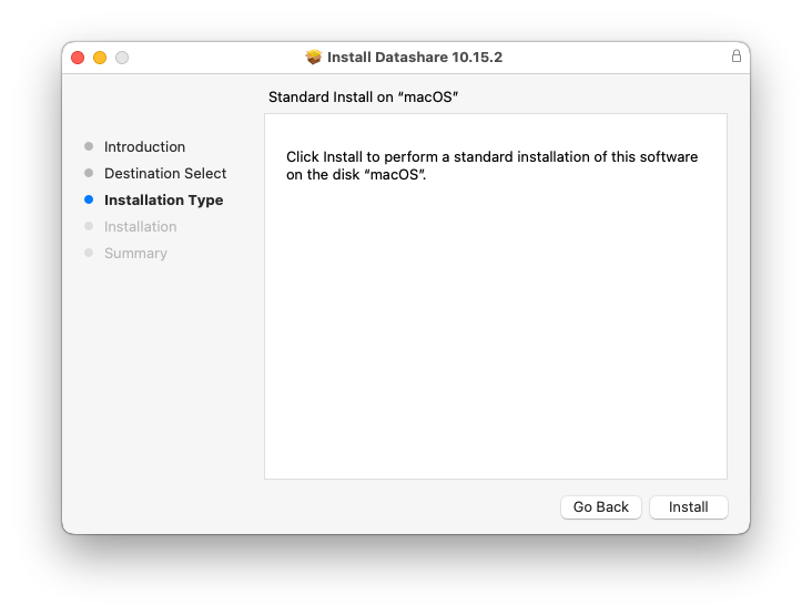 Screenshot of the Mac installer's third step to install Datashare: 'Installation Type''