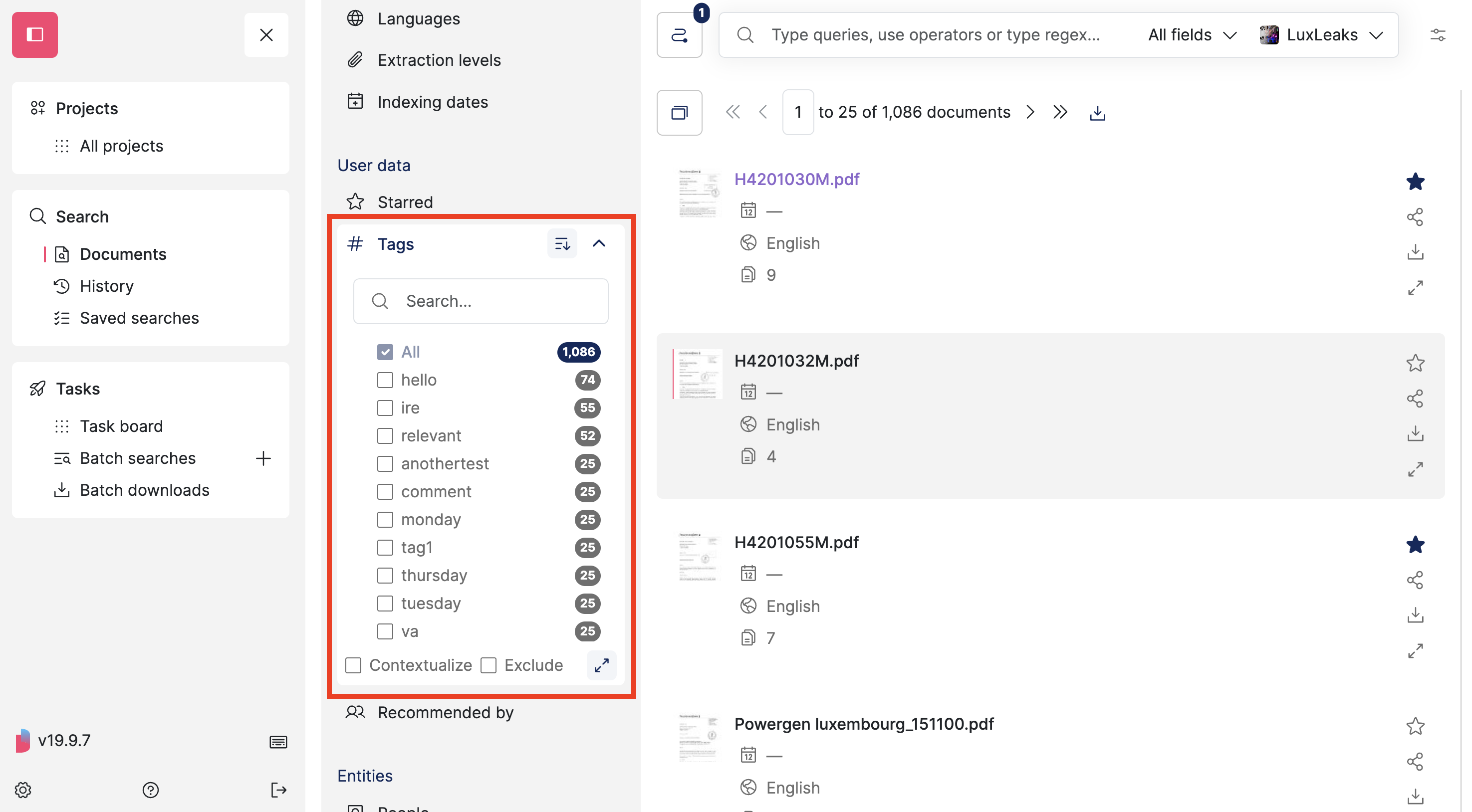 Screenshot of Datashare's search documents page in List layout where the 'Filters' are open on the left and the 'Tags' filter is open and highlighted