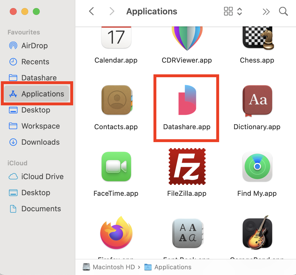 Screenshot of a Mac's 'Applications' window with the Datashare's logo highlighted