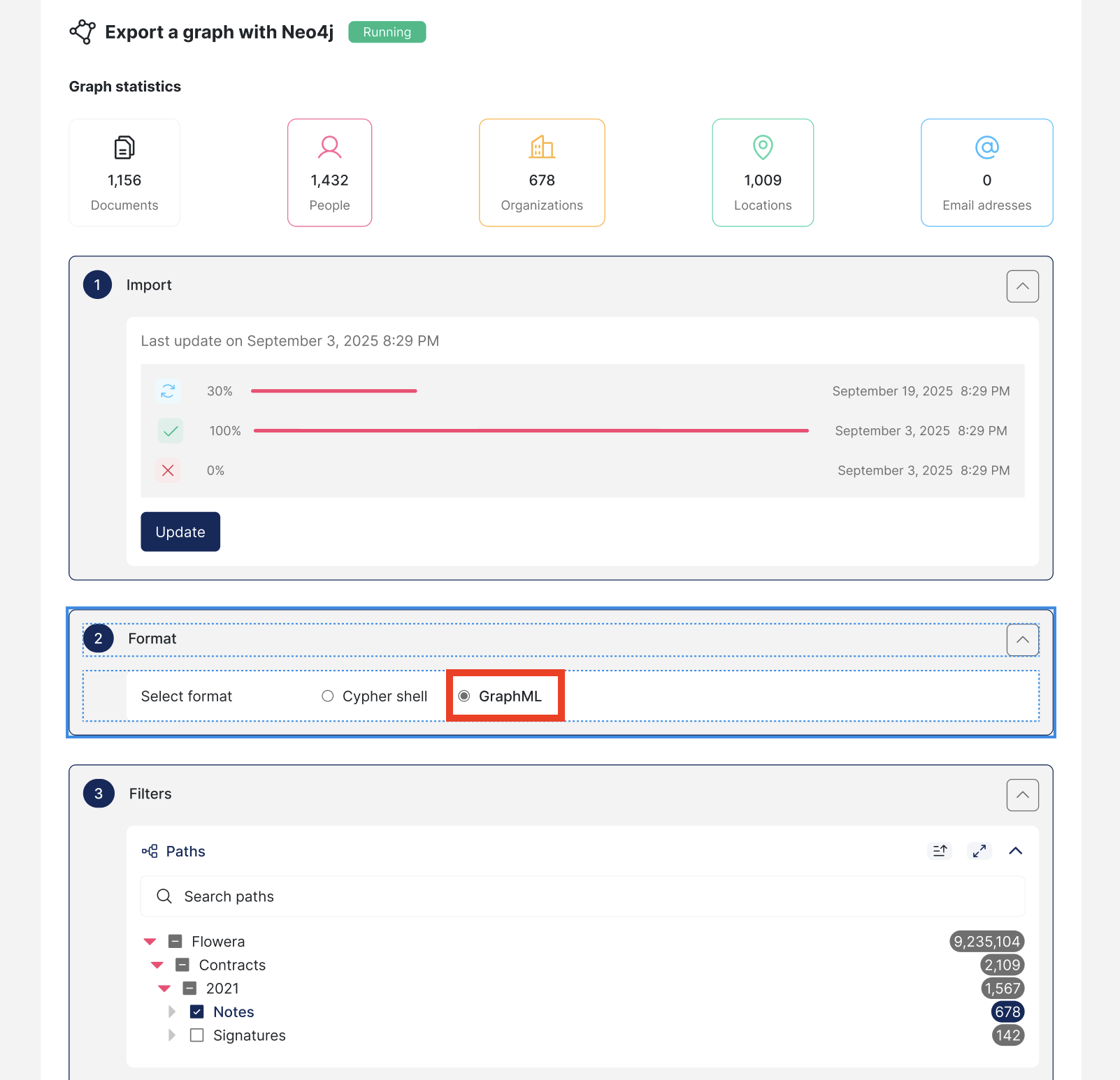 Screenshot of Datashare's project page on the 'Graph' tab with the form to export a graph open at its second step called 'Format' and the 'GraphML' radiobutton selected and highlighted