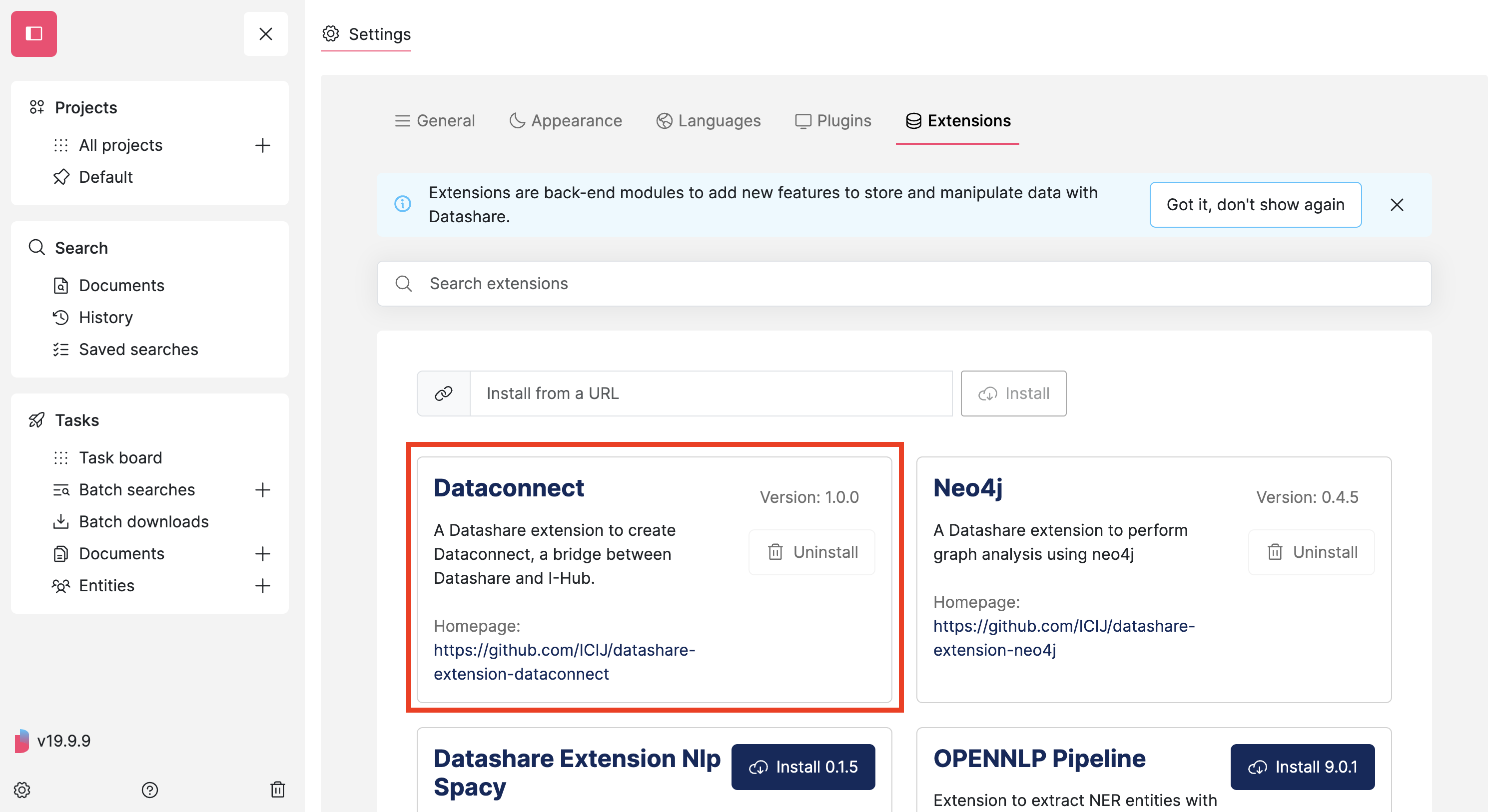 Screenshot of Datashare's Settings page on the Extensions tab with the installed extension highlighted