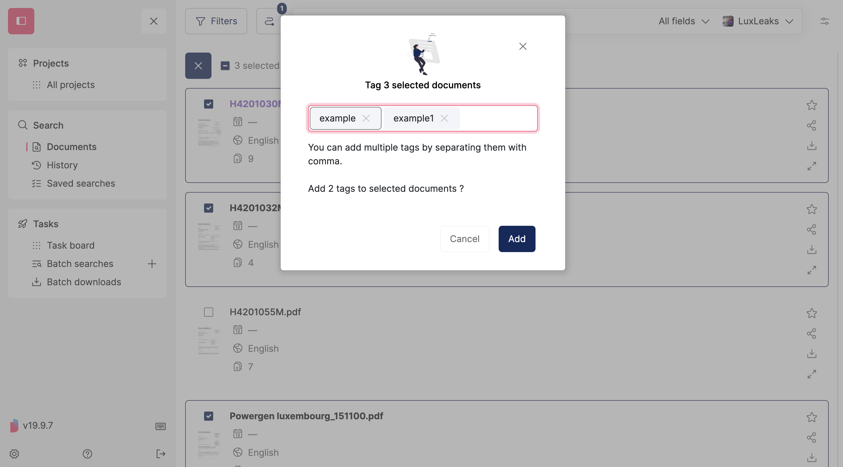 Screenshot of Datashare's search documents page in List layout where a modal to add Tags is open