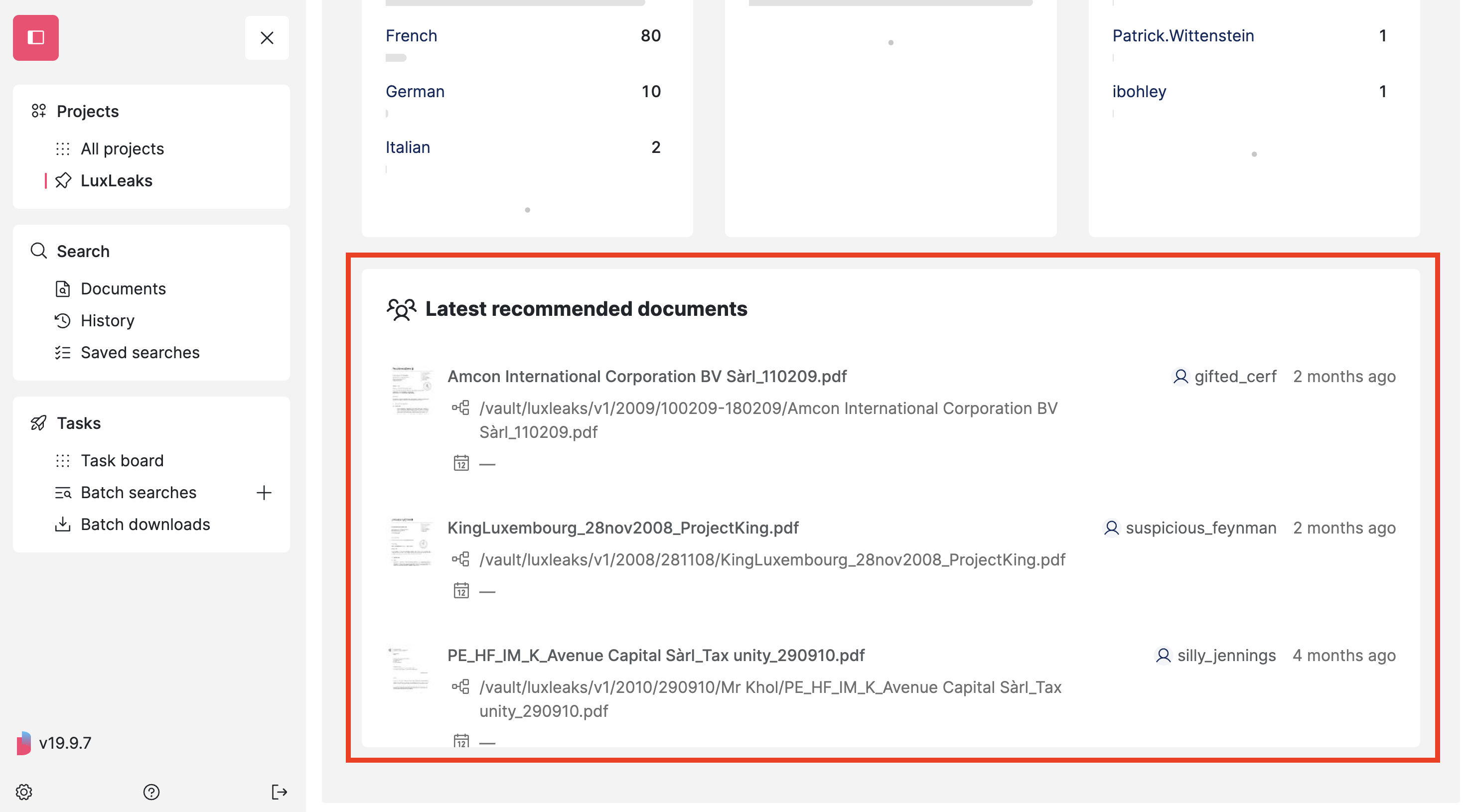 Screenshot of a Datashare's project page on the Insights tab with the 'Latest recommended documents' highlighted