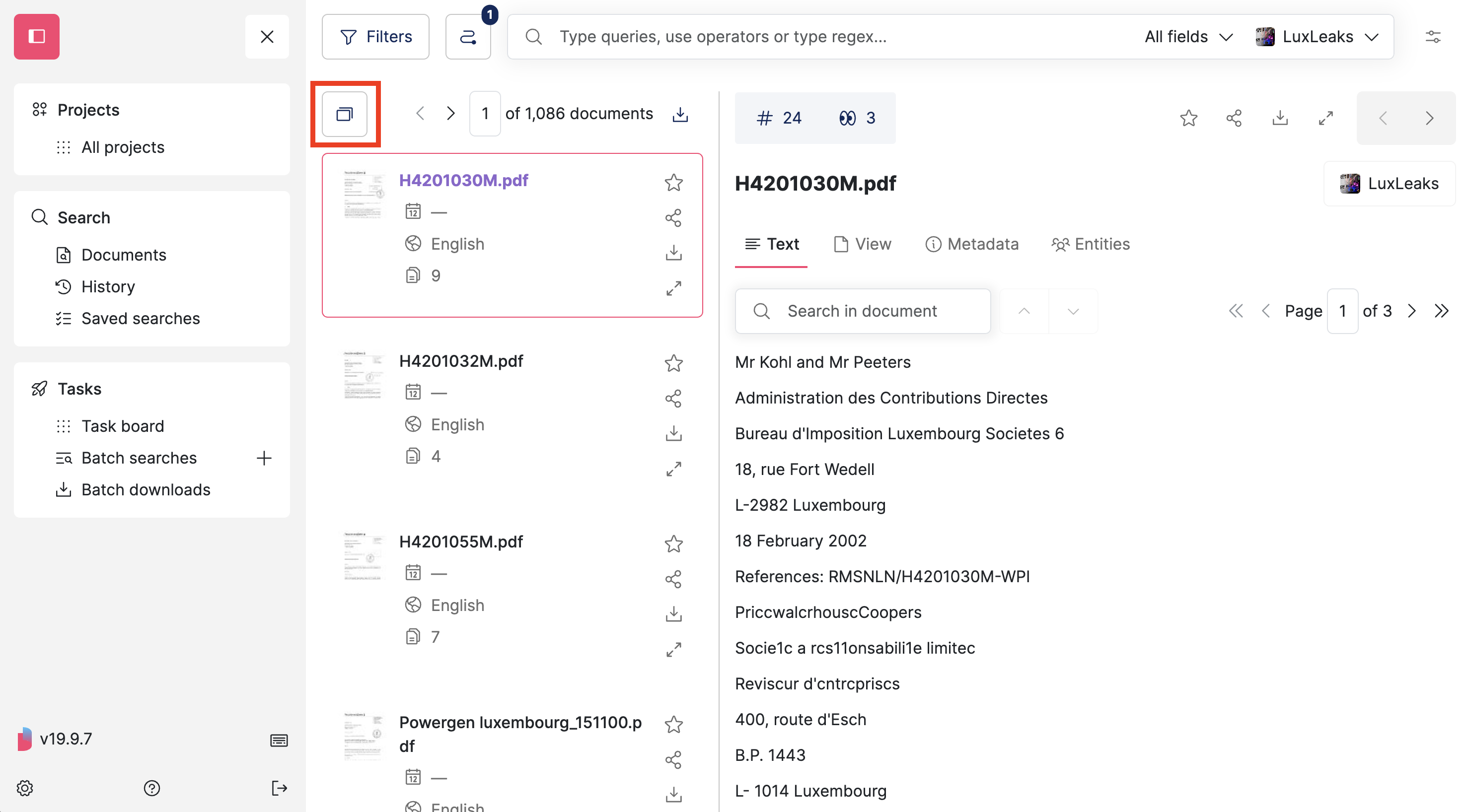Screenshot of Datashare's search documents page in List layout where the selection mode button on the left of the results' paginationis highlighted