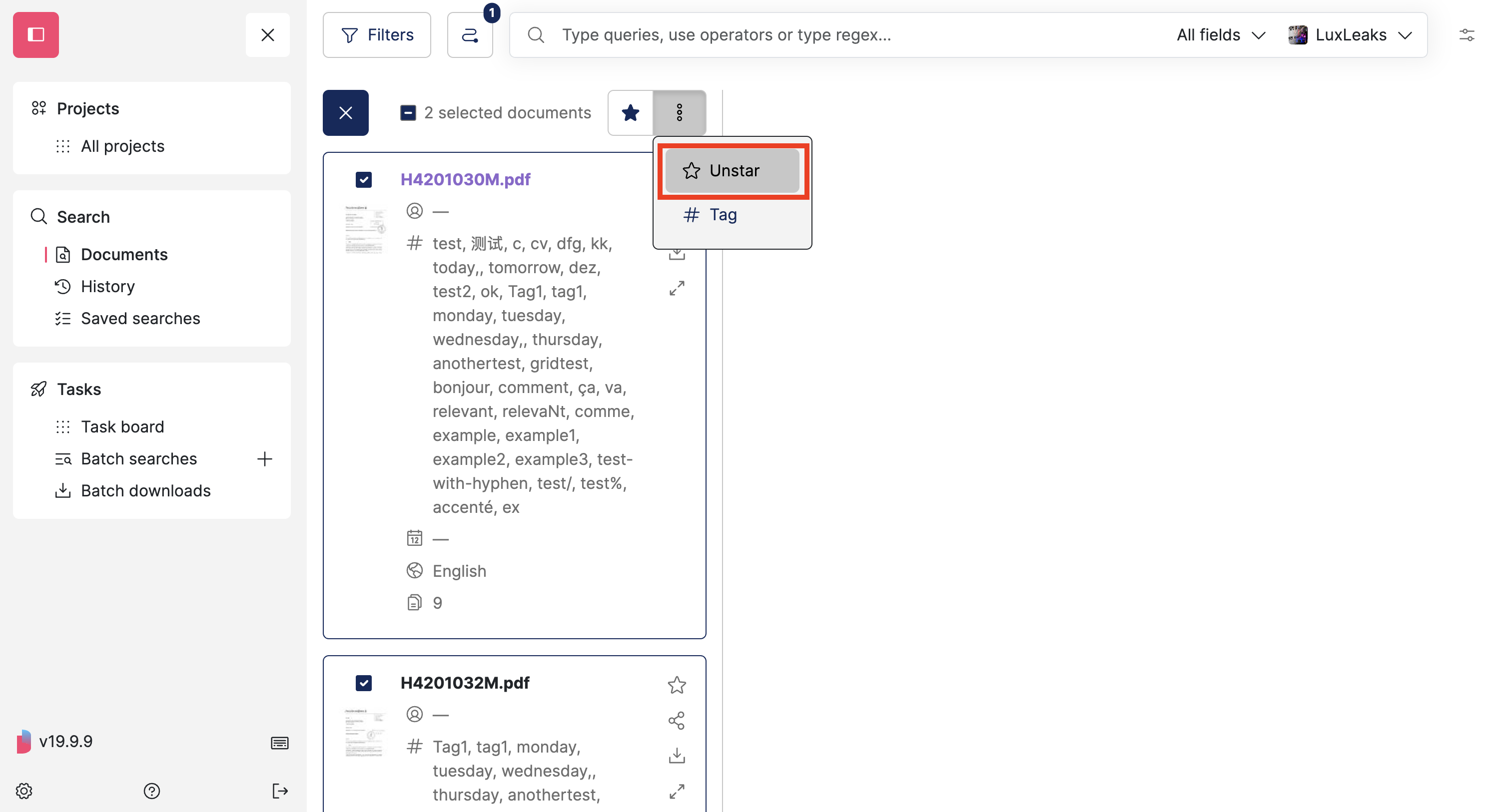 Screenshot of Datashare's search documents page in List layout where the selection mode is open and 2 documents are ticked, the 'Unstar' entry in the three-dot dropdown is highlighted