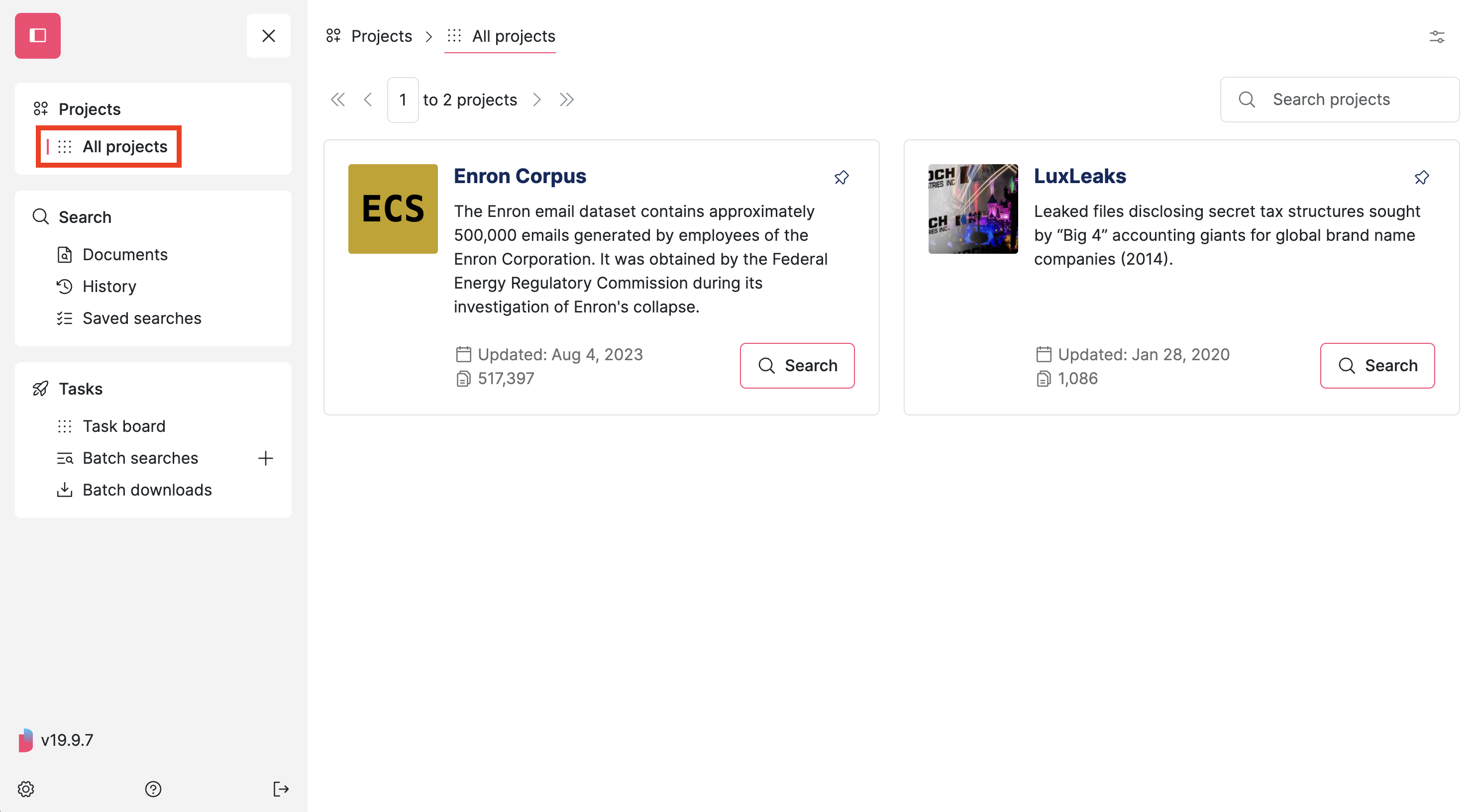 Screenshot of Datashare's homepage with the menu 'All projects' entry highlighted