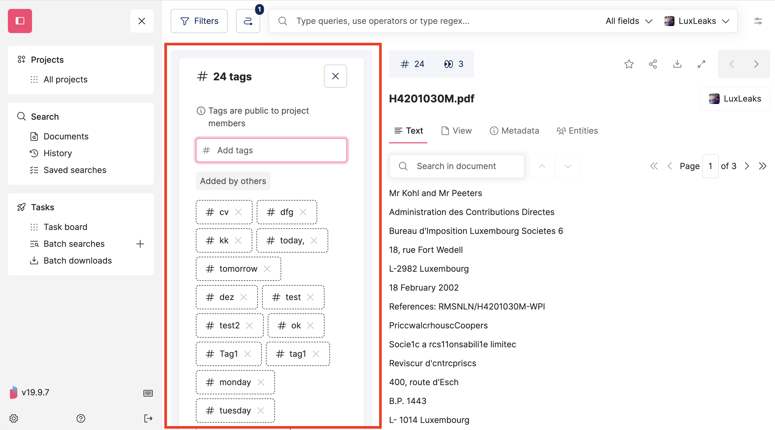 Screenshot of Datashare's search documents page in List layout where a document is open and the 'Tags' floating panel on the left of the document is highlighted