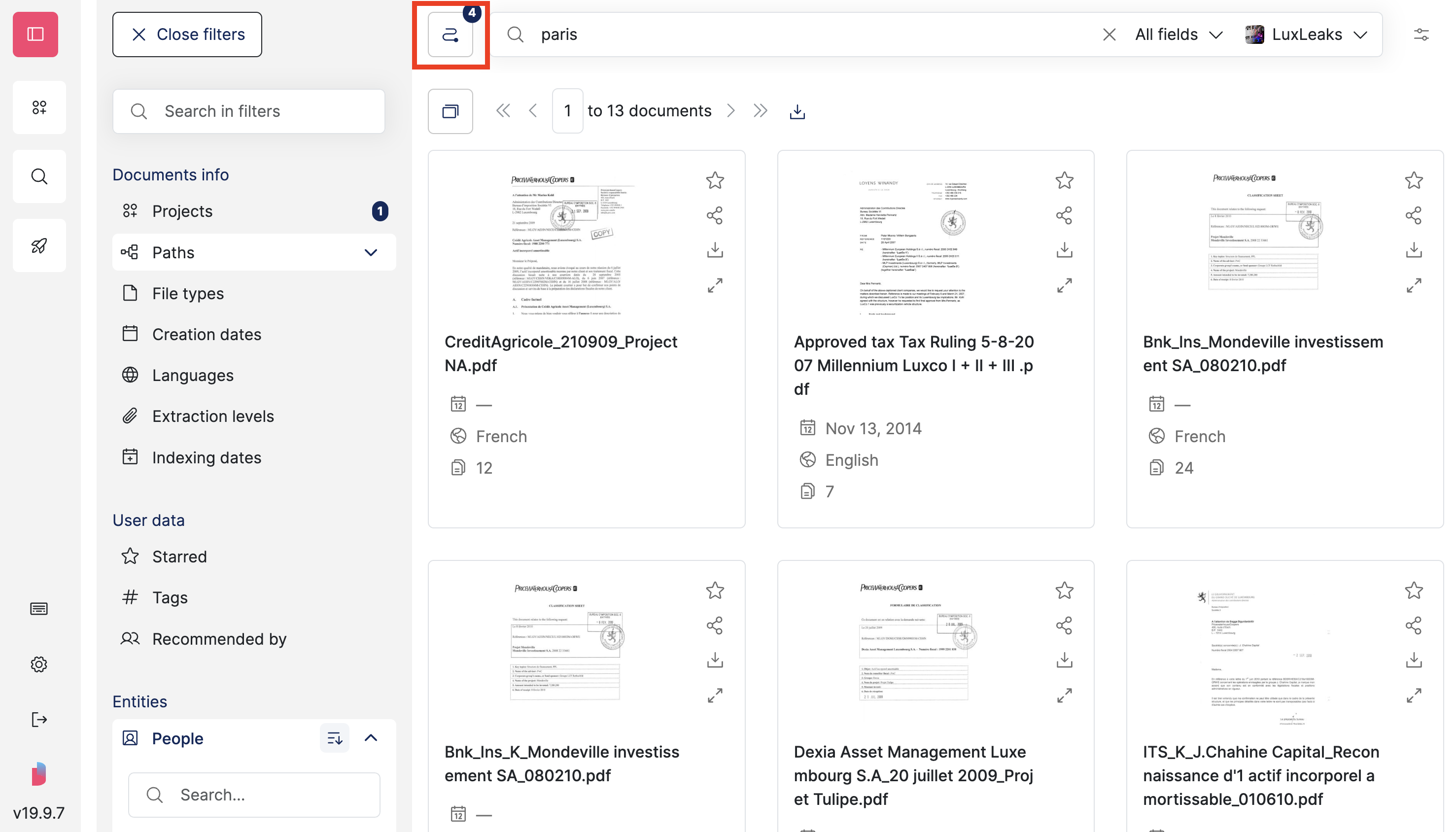 Screenshot of Datashare's page to search documents with the 'Your search' button on the left of the search bar highlighted