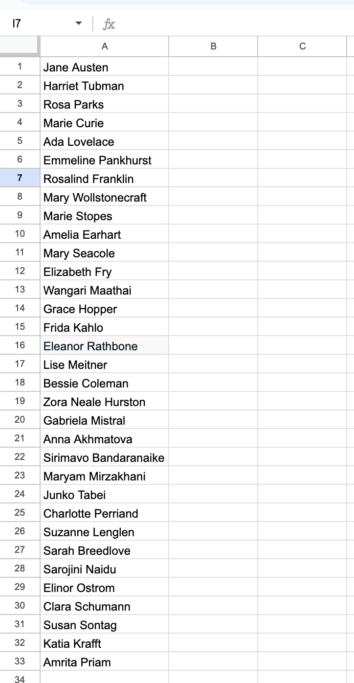 Screenshot of a spreadsheet with the first column filled with one name and surname of a female personality per cell