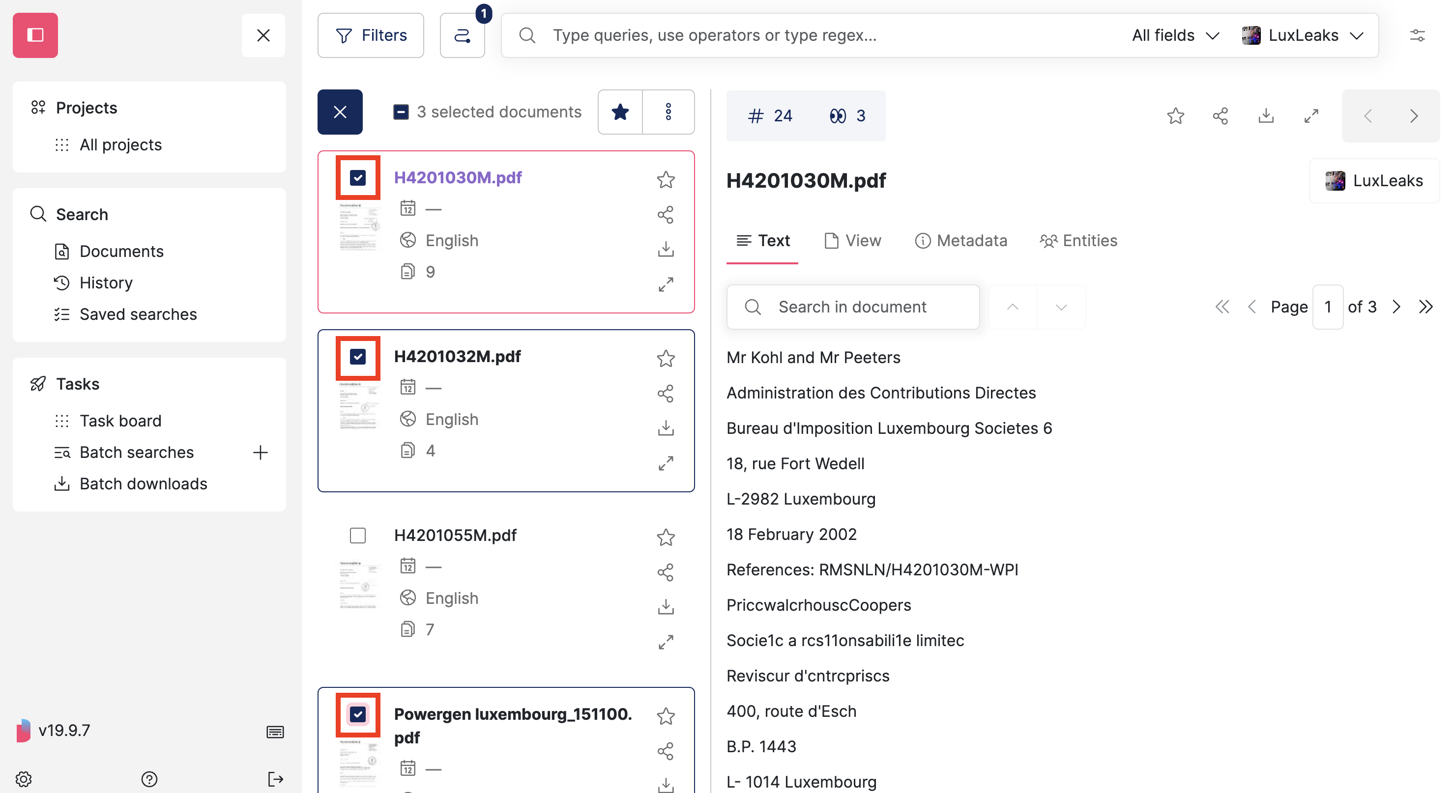 Screenshot of Datashare's search documents page in List layout where the selection mode is open and 3 documents are ticked and their checkboxes are highlighted