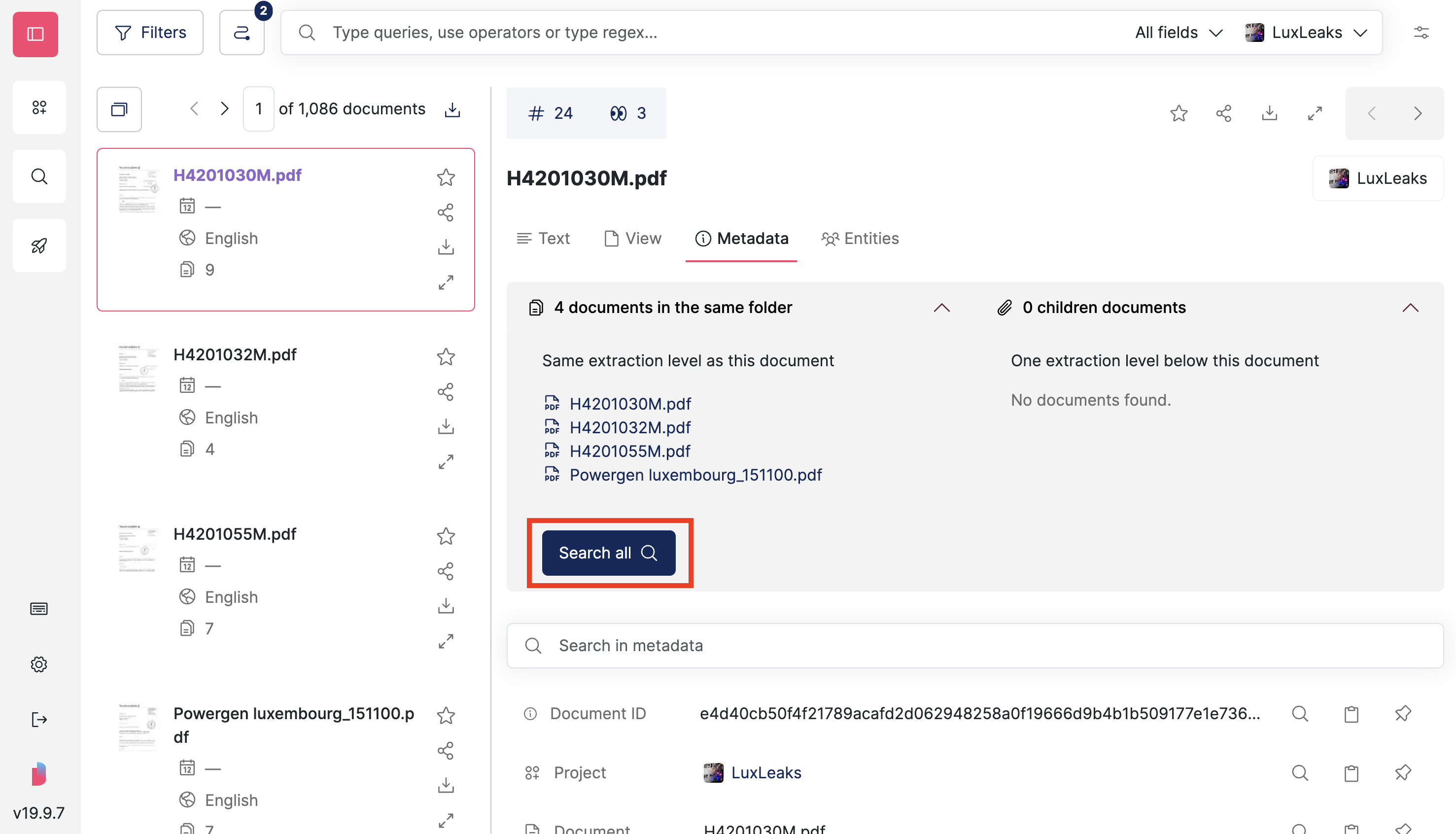 Screenshot of Datashare's page to search documents in List view with a document open on the 'Metadata' tab and the dropdowns 'X documents in the same folder' and 'Y children documents' and the 'Search all' button highlighted