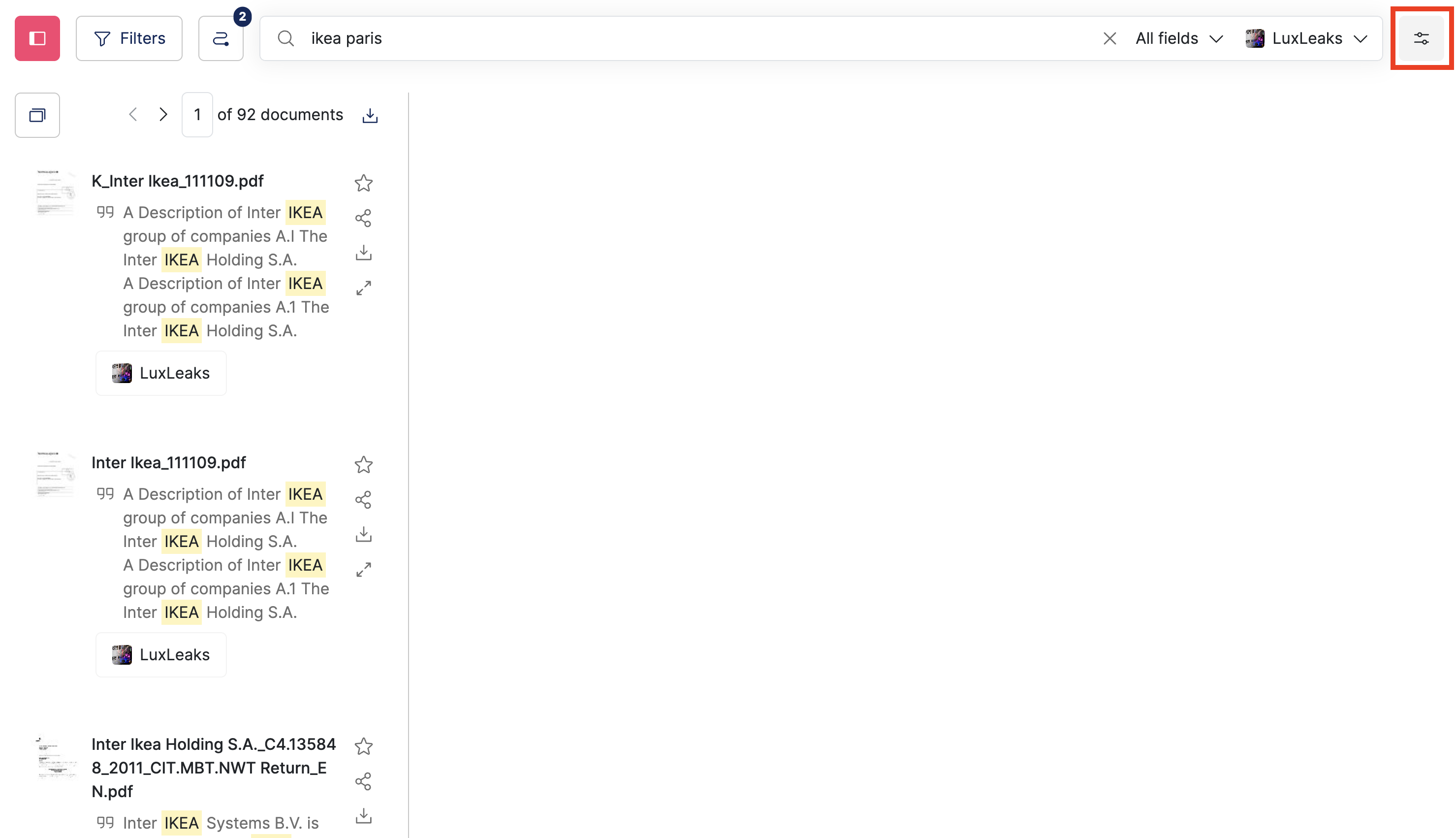 Screenshot of a Datashare's search documents page with 'Ikea paris' typed in the search bar and the top right Settings icon button highlighted