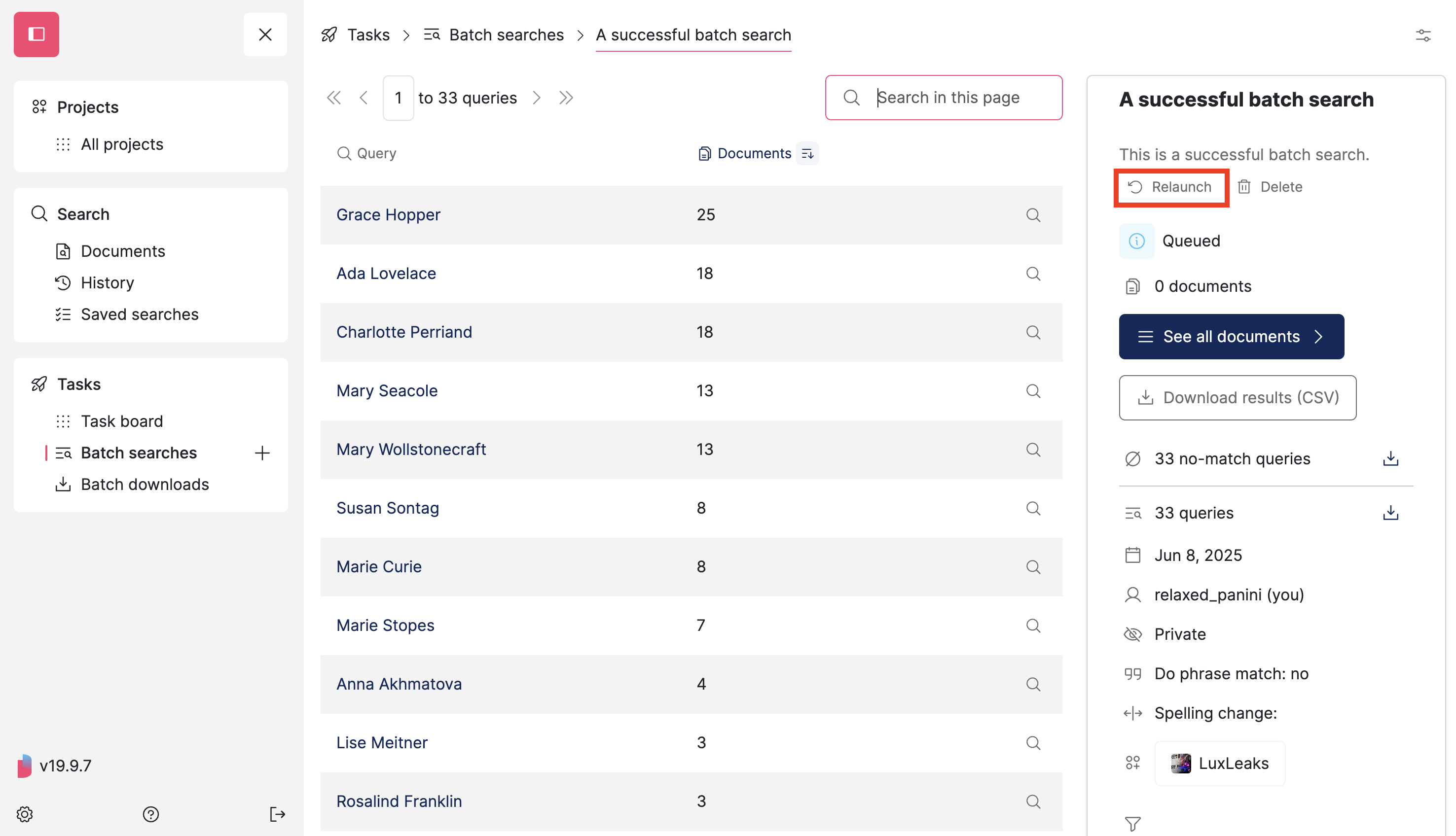 Screenshot of Datashare's page for one batch search where the 'Relaunch' button in the right panel describing the batch search is highlighted