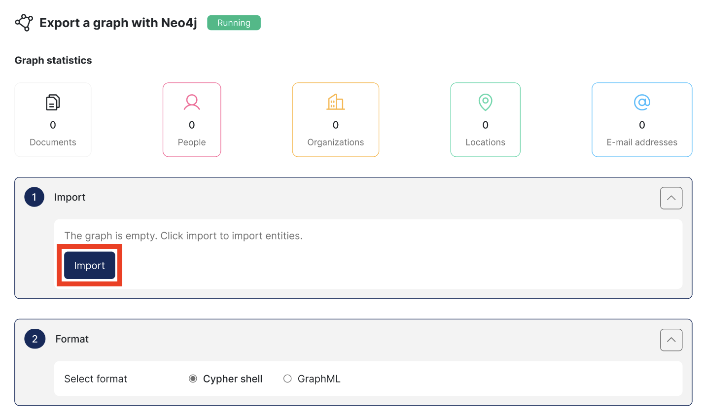 Screenshot of Datashare's project page on the Graph tab with the 'Import' button highlighted on the first step of the form