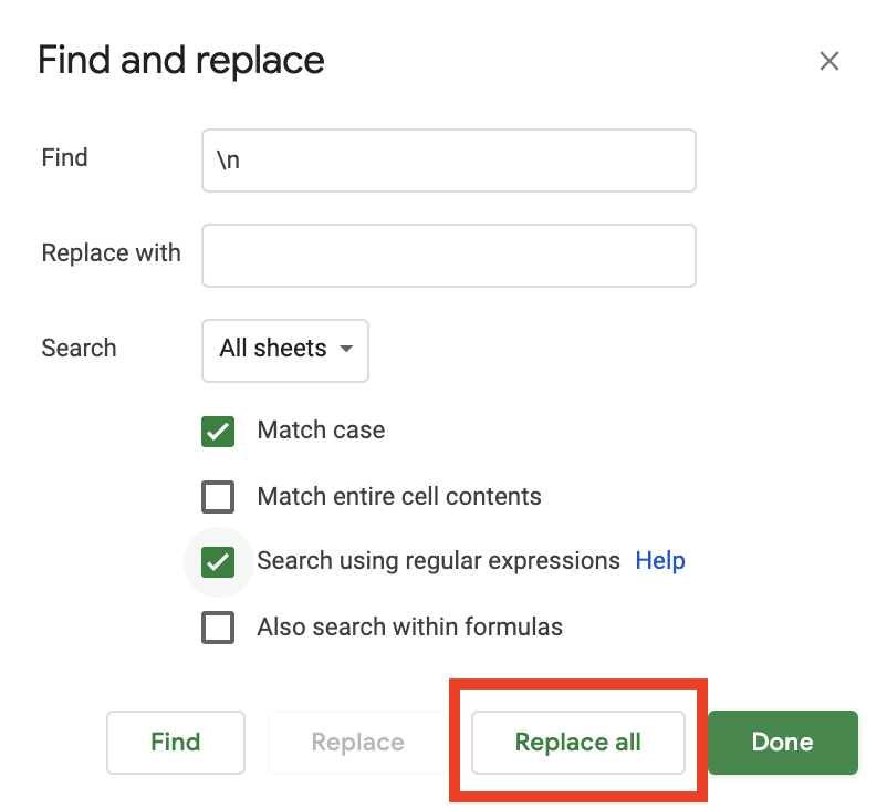 Screenshot of a spreadsheet software's 'Find and replace' window with the 'Replace all' button highlighted