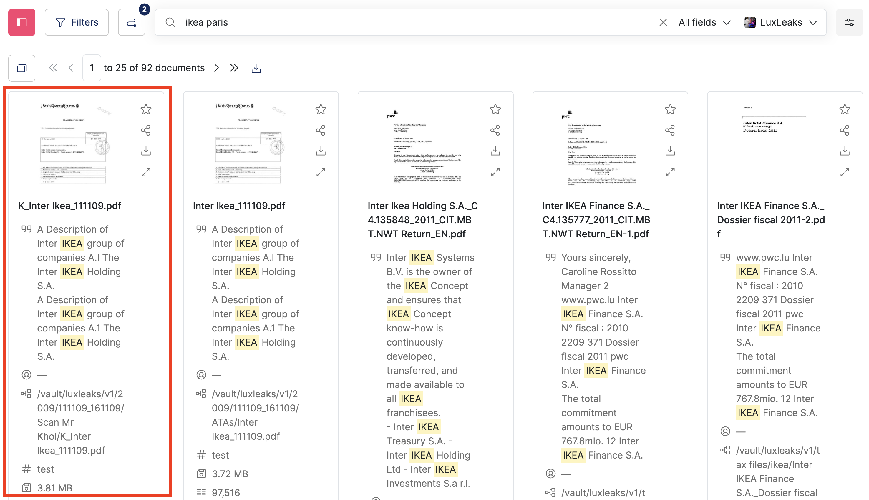 Screenshot of a Datashare's search documents page with 'Ikea paris' typed in the search bar and the first document card highlighted at the left of the page in a Grid layout