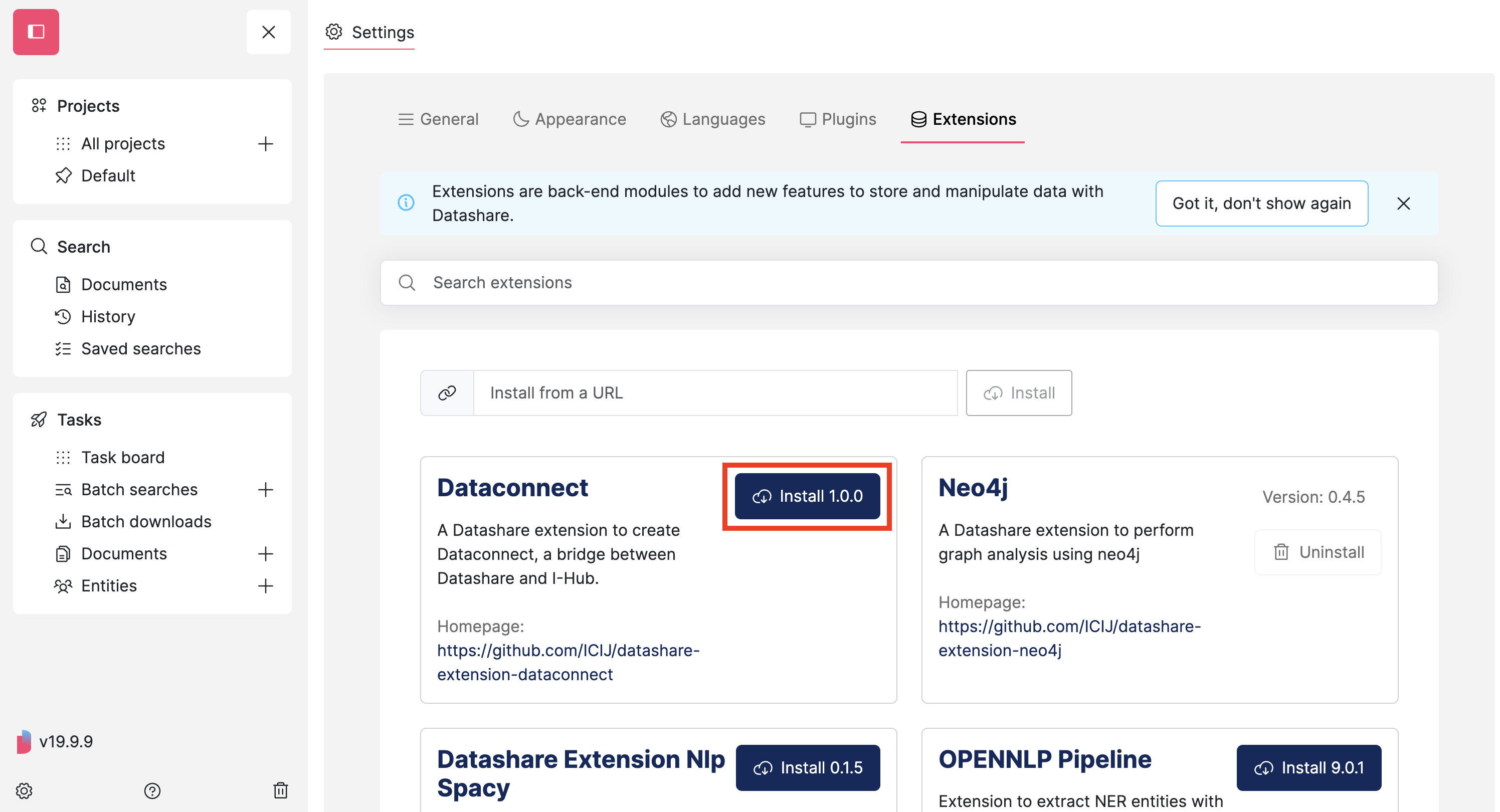 Screenshot of Datashare's Settings page on the Extensions tab with a Extension's 'Install' button highlighted