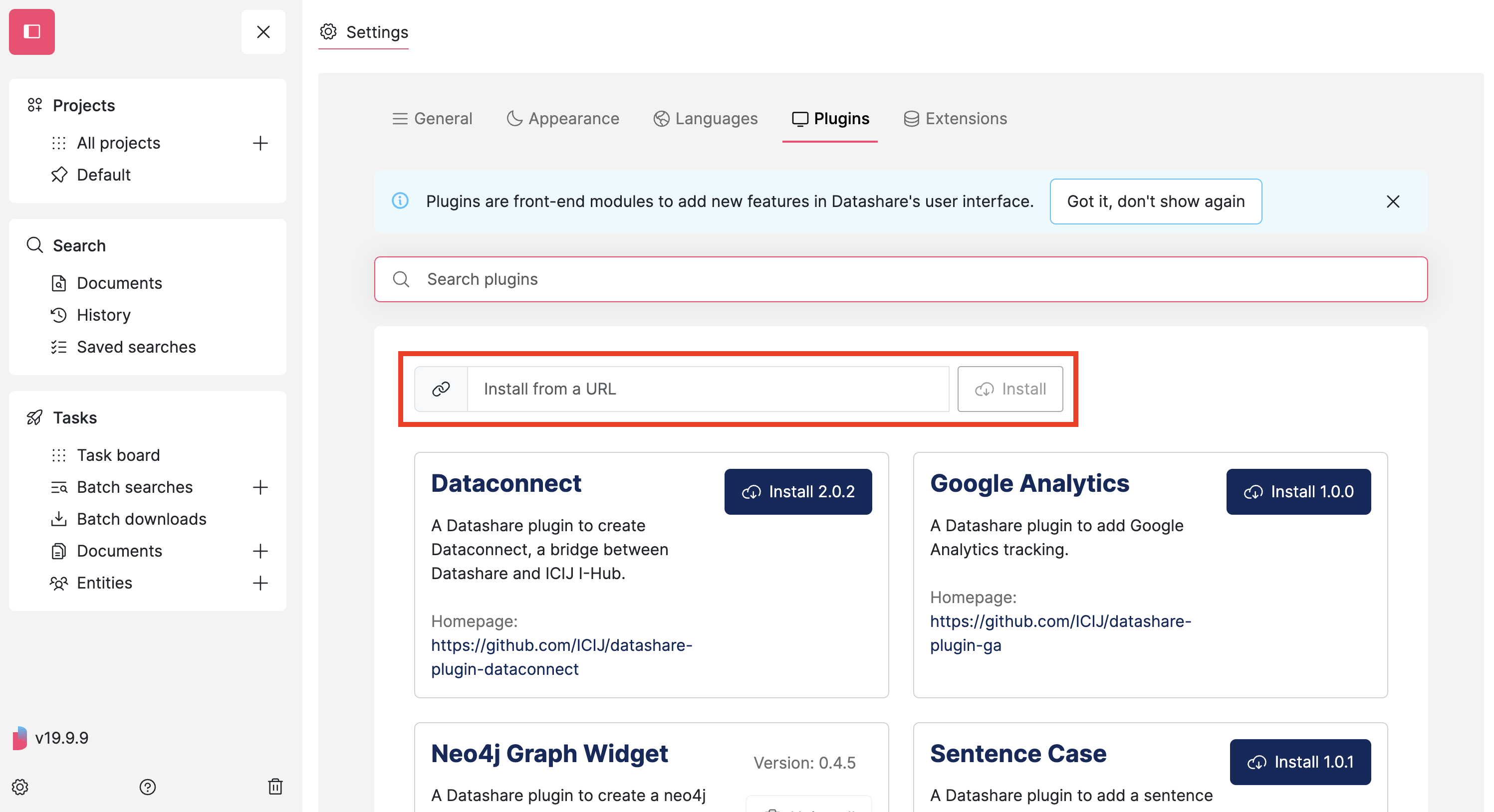 Screenshot of Datashare's Settings page on the Plugins tab with the field 'Install from a URL' highlighted