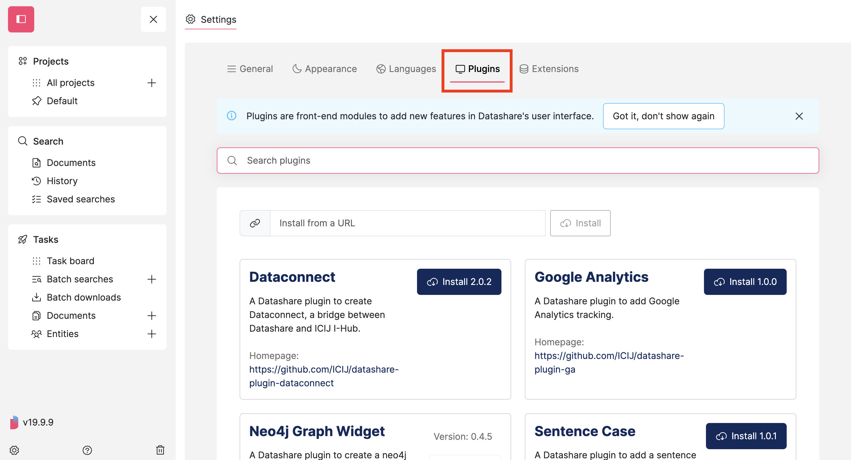 Screenshot of a Datashare's settings page with the Plugins tab highlighted